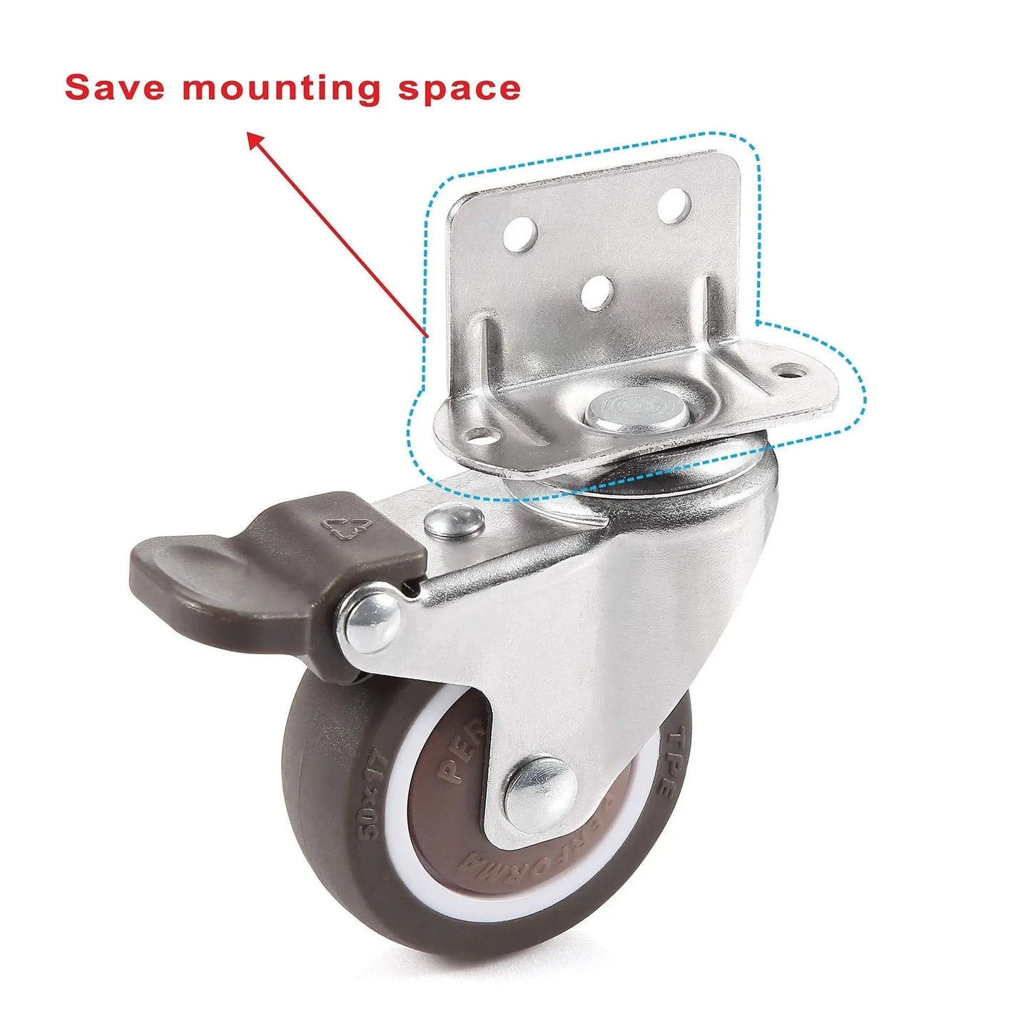 Close-up of 4 Pieces Swivel Plate Casters With Brake, 2 Inch Diameter TPE Casters, L Shaped Mount, rust-resistant chrome finish.