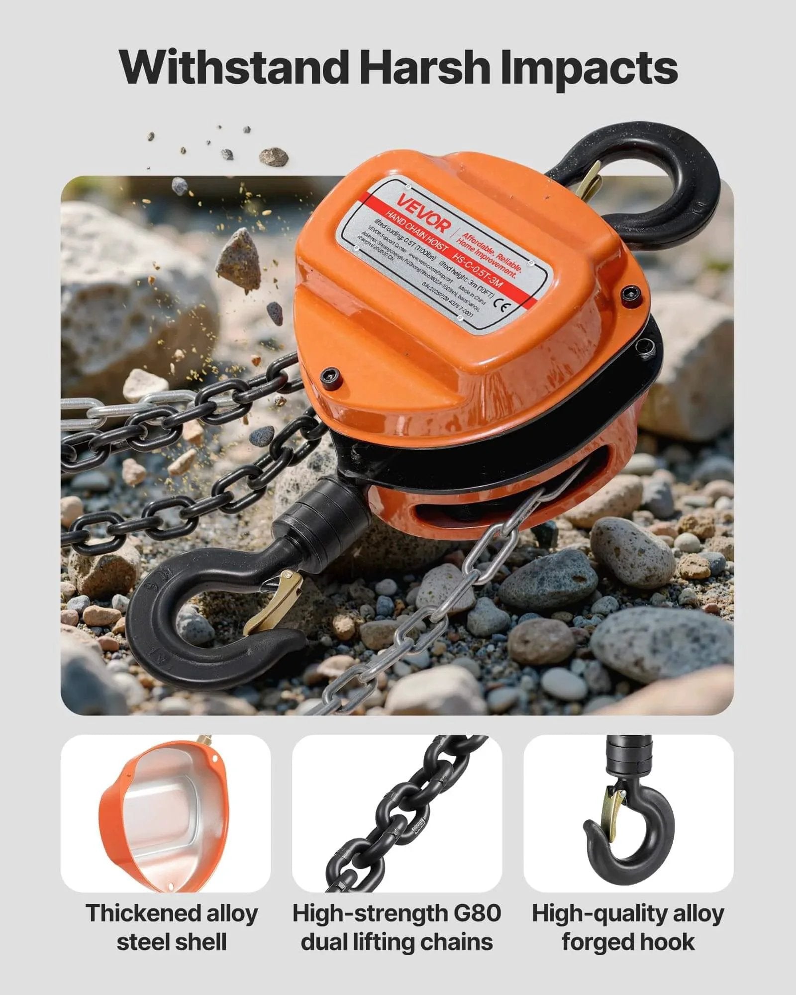Hand Chain Hoist 1100 Lb Capacity Half Ton With 10 Ft Lift Galvanized G80 Chain Heavy Duty Pulley Hoist For Garage on rocky ground
