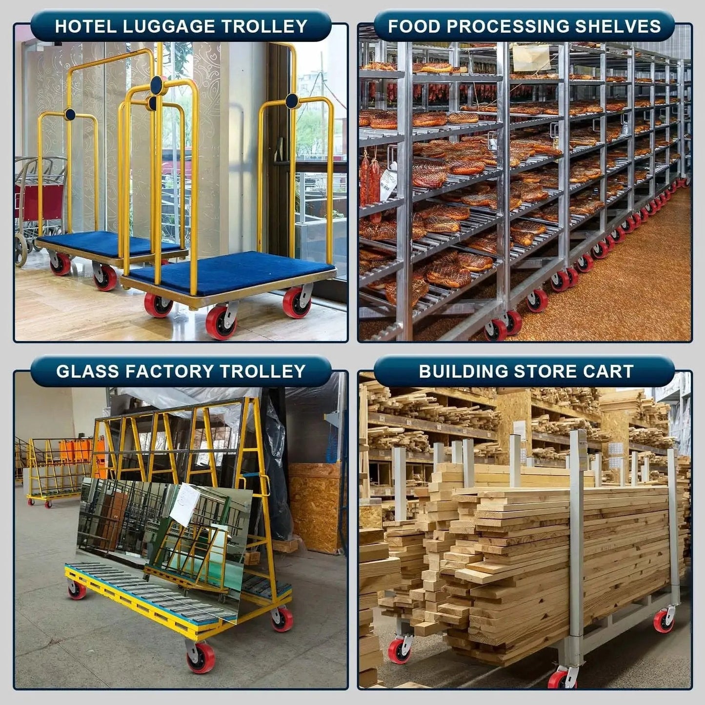 Various industrial carts including luggage trolleys, food shelves, glass trolley, and store cart with polyurethane caster wheels.