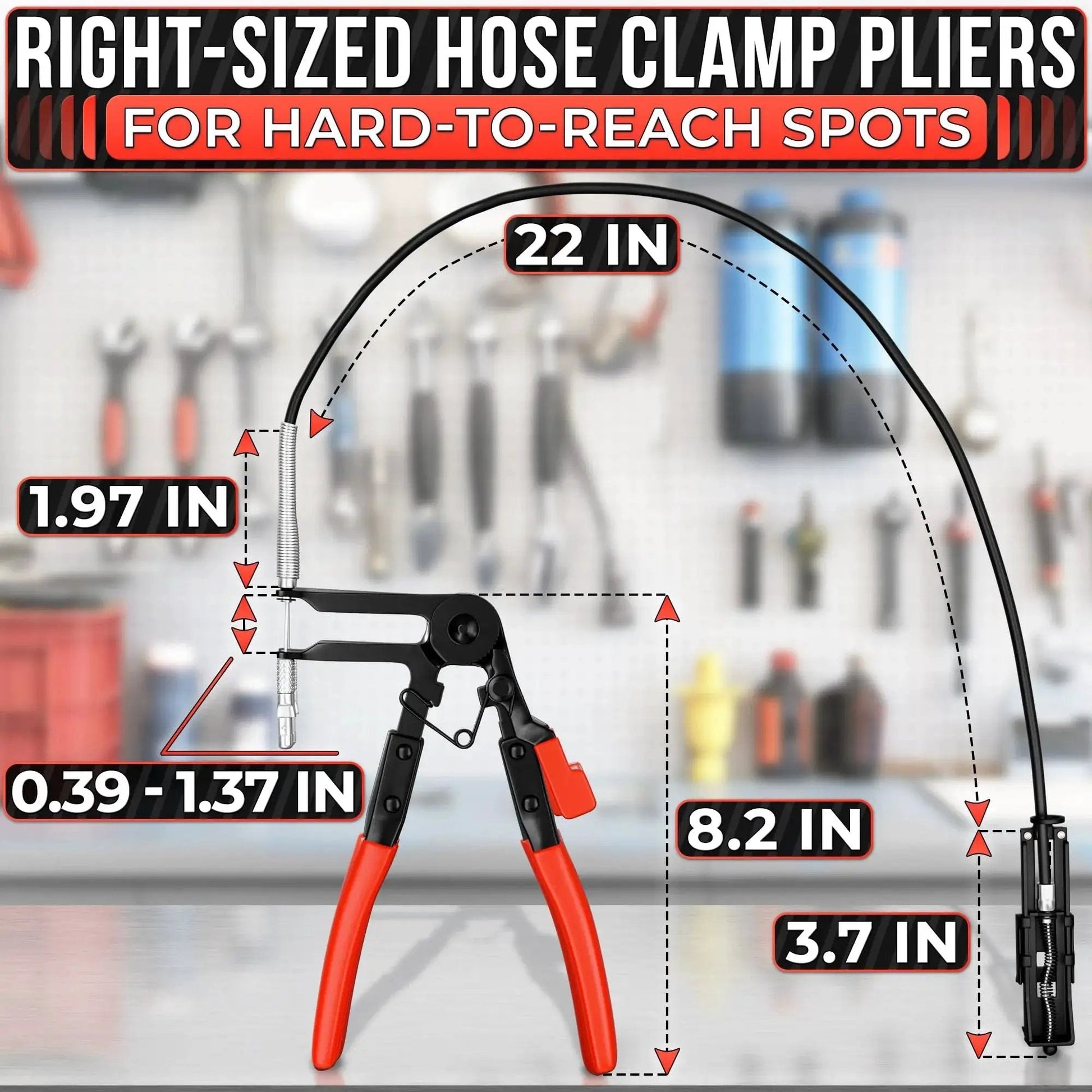 Radiator Hose Clamp Tool With Ratchet Locking Pliers For Easy One-Hand Operation, 22in cable length, red handles, in workshop