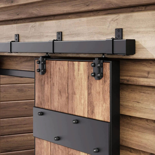 Close-up of the Exterior Sliding Barn Door Hardware Kit With Box Rail Track 8 Foot Length 450 Pound Capacity in use.