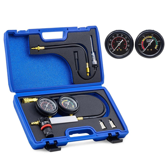 Leak Down Tester Kit For Auto Engines With Dual Gauge Readouts Complete Cylinder Leakage Diagnostic Tool For Gas Petrol Engines Spark Plug Tester Adapters And More By Orion Motor Tech in blue case with gauges and adapters