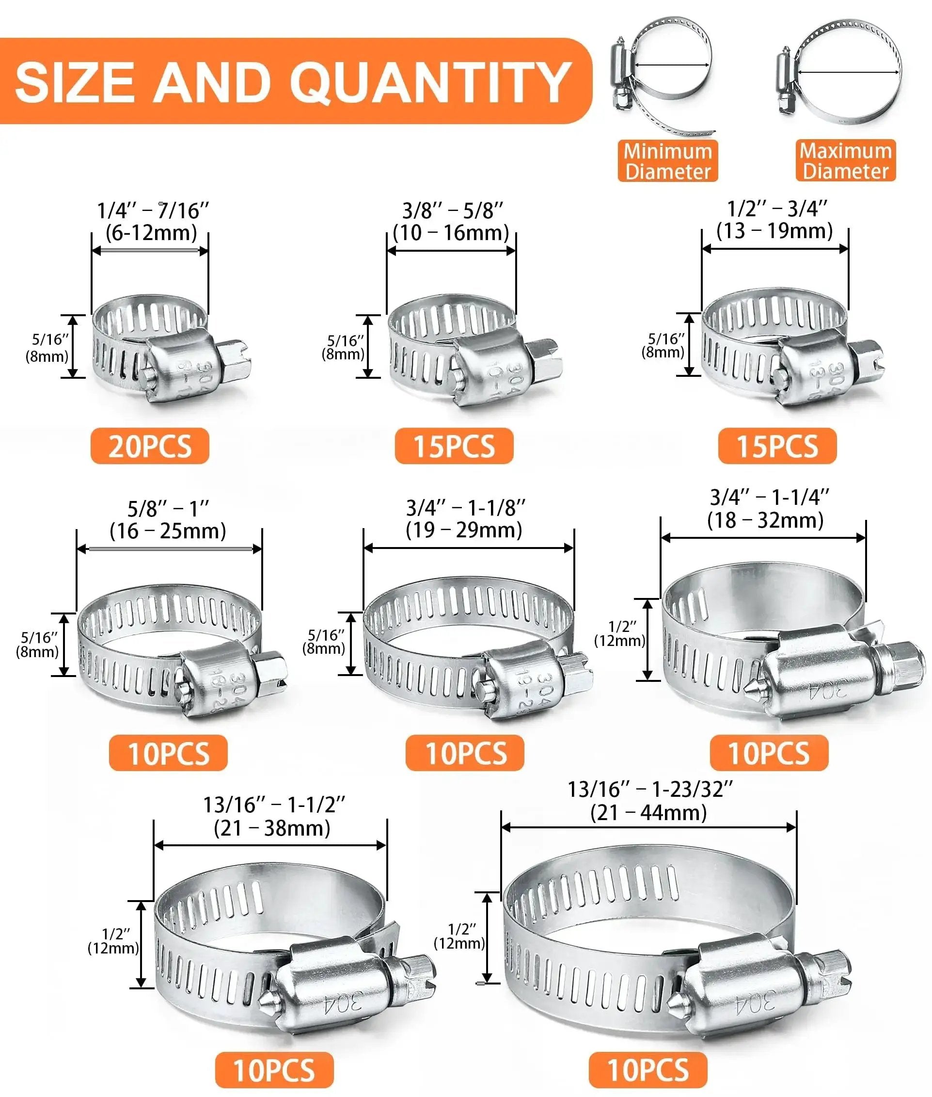100 Piece Stainless Steel Hose Clamp Set For Plumbing Automotive And Mechanical Use Adjustable 6 To 44mm with size options shown