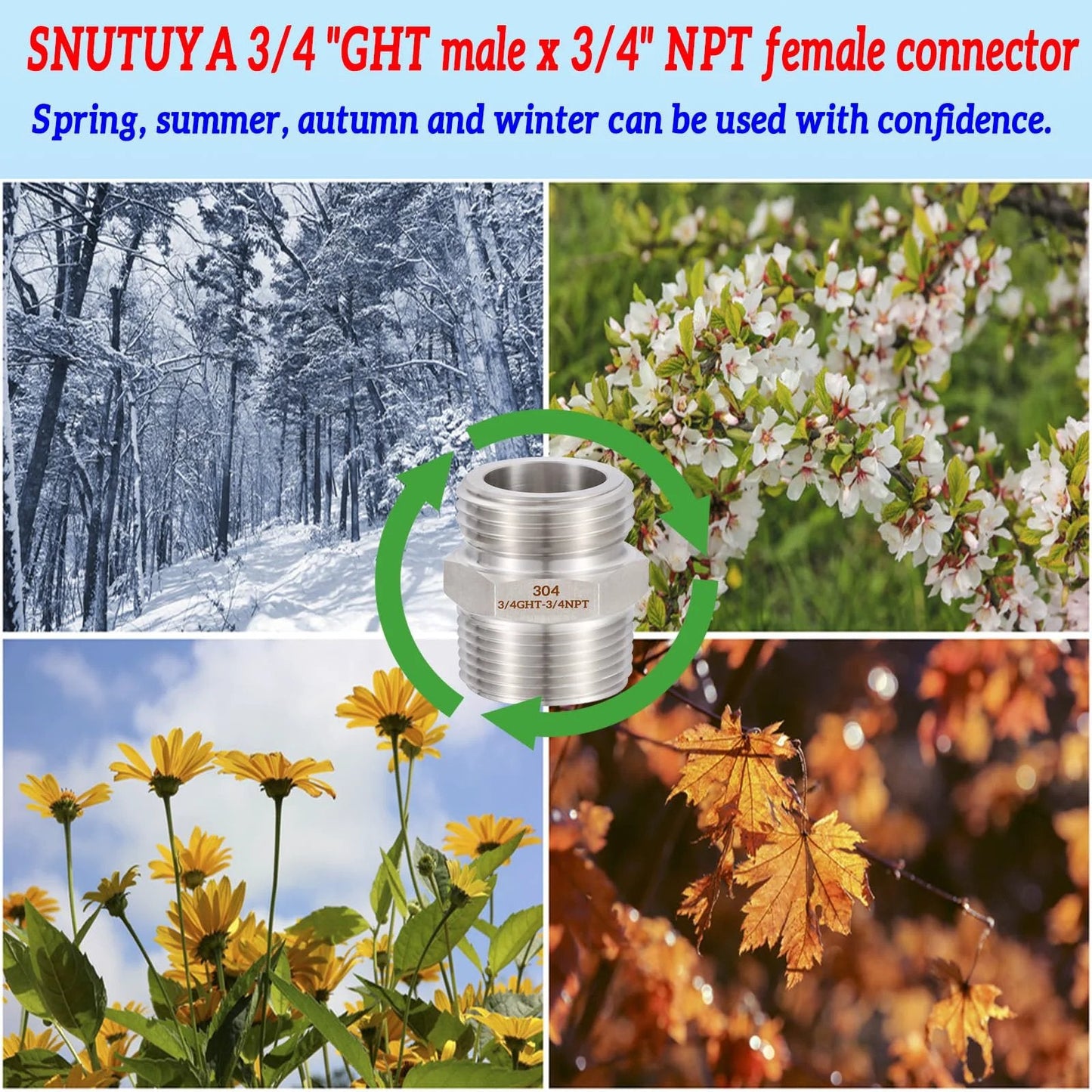 Three Quarter Inch GHT Male To Three Quarter Inch NPT Male Connector With One Half Inch NPT Female 304 Stainless Steel Garden Hose Fitting Adapter For Hose To Pipe Heavy Duty 2 Pack with seasonal background