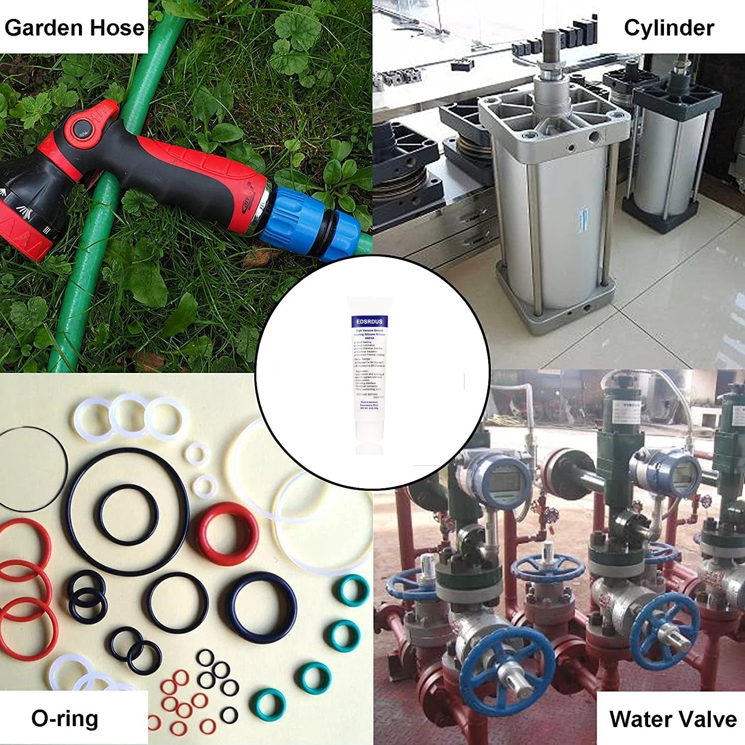 Collage of High Vacuum Grease SG01A and its applications on garden hose, cylinder, O-rings, and water valve.