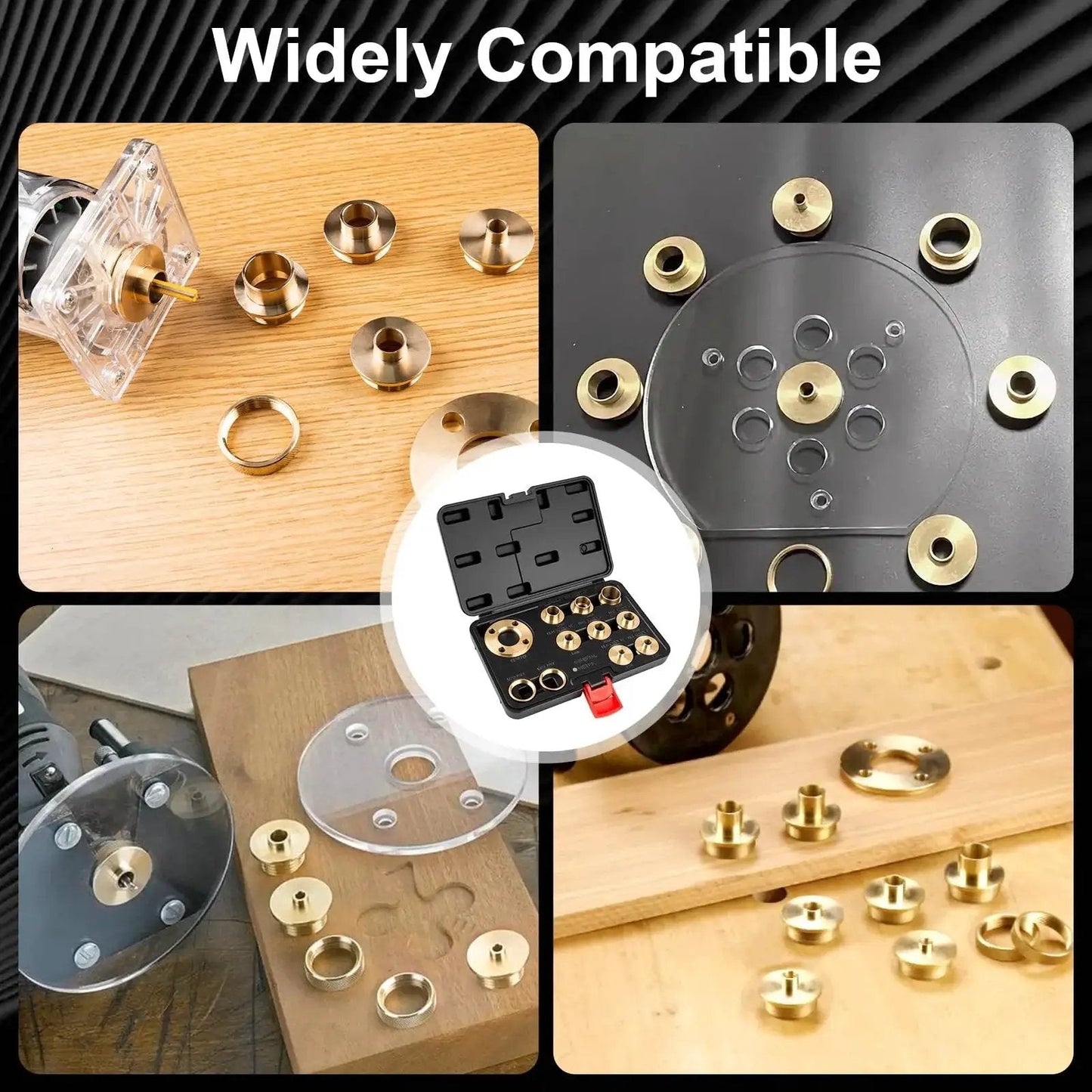 11Pcs Brass Router Bushing Guide Set With Lock Nut Adapter displaying components for woodworking on various surfaces.