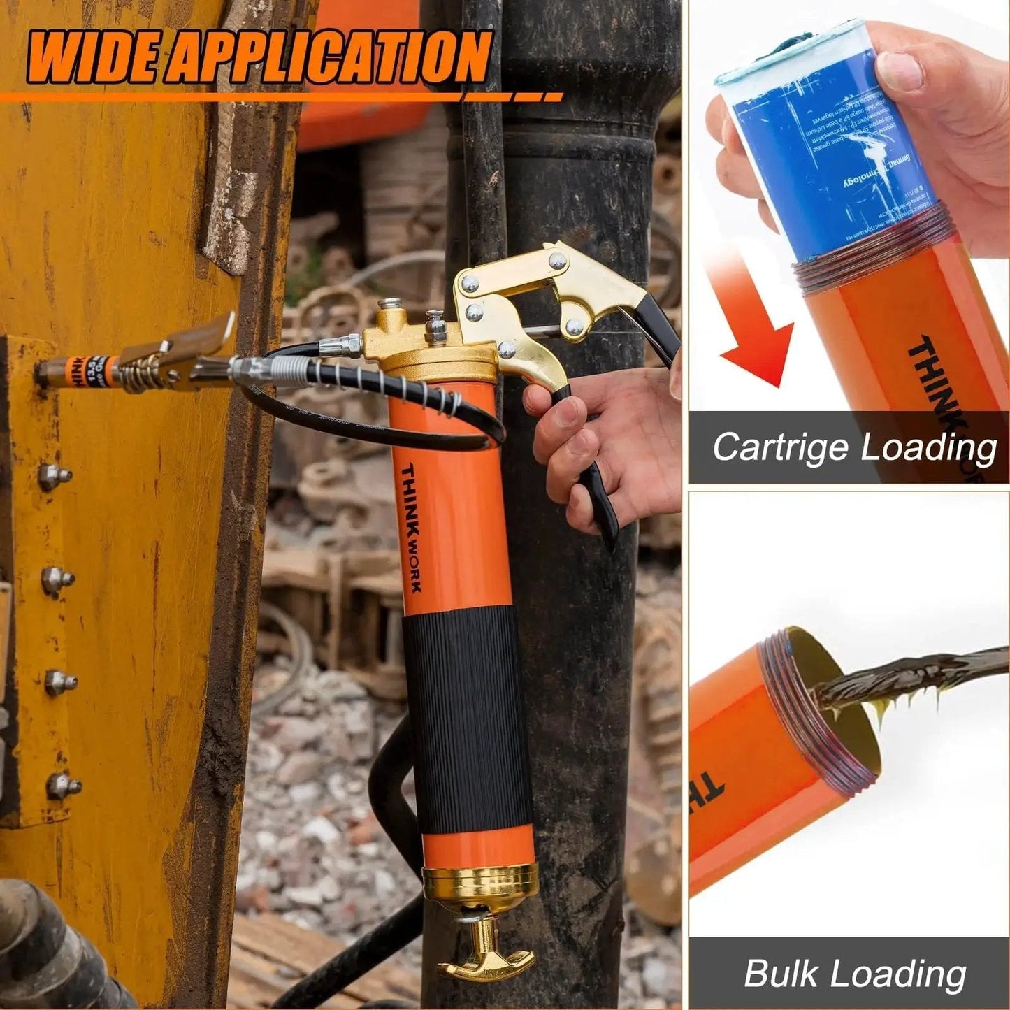 Heavy Duty 8000 PSI Grease Gun Kit With Pistol Grip For 14 Oz Tubes 0.53 Inch Coupler And 18 Inch Flex Hose 90 Degree Adapter For Tight Spaces For Automotive Marine Industrial And Agricultural Machinery Workhorse Pro Grade Thinkwork in use with cartridge and bulk loading options visible