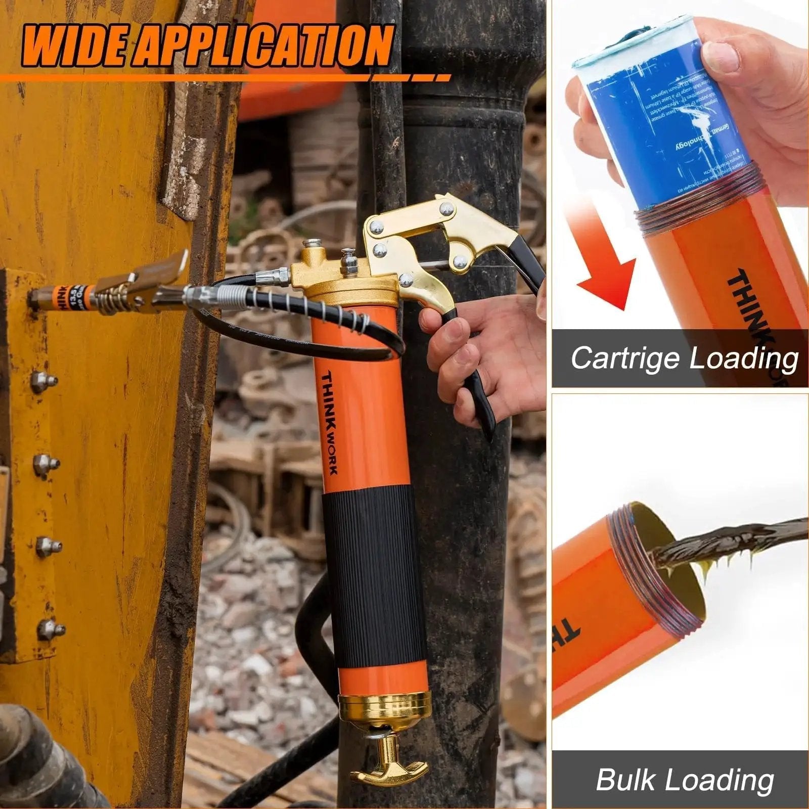 Heavy Duty 8000 PSI Grease Gun Kit With Pistol Grip For 14 Oz Tubes 0.53 Inch Coupler And 18 Inch Flex Hose 90 Degree Adapter For Tight Spaces For Automotive Marine Industrial And Agricultural Machinery Workhorse Pro Grade Thinkwork in use with cartridge and bulk loading options visible