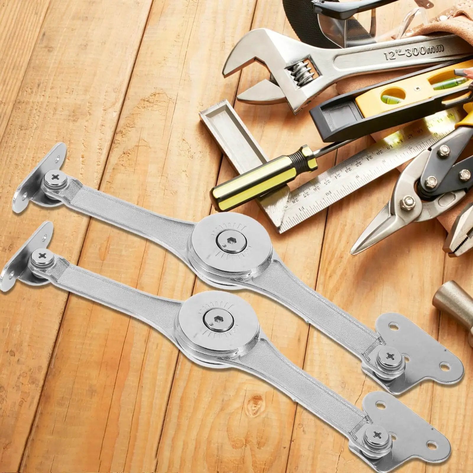 Soft Close Cabinet Door Hinges With Lift Stay Support And Hydraulic Damper, 2 Pack, placed on wooden surface with tools