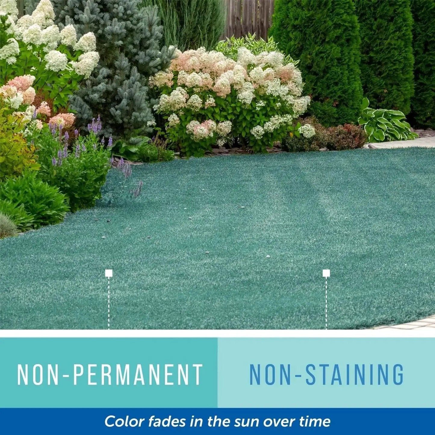 Image of Blue Lawn Spray Indicator Dye treated area with high-visibility color on grass, surrounded by garden plants and trees.