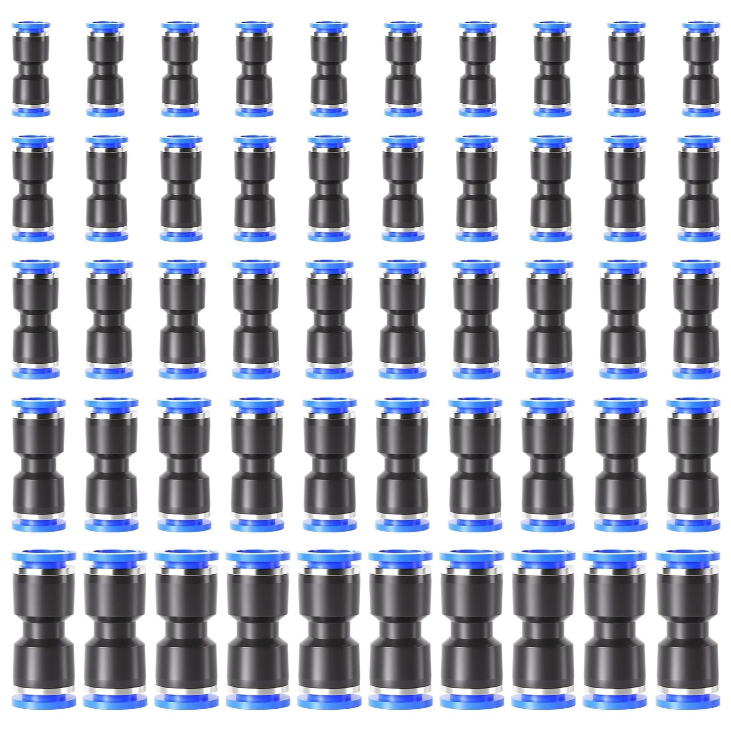 Pneumatic Straight Push Connectors Set Of 50 Pcs For Air Lines Go To 2 Way Quick Release Fittings, various sizes, black and blue