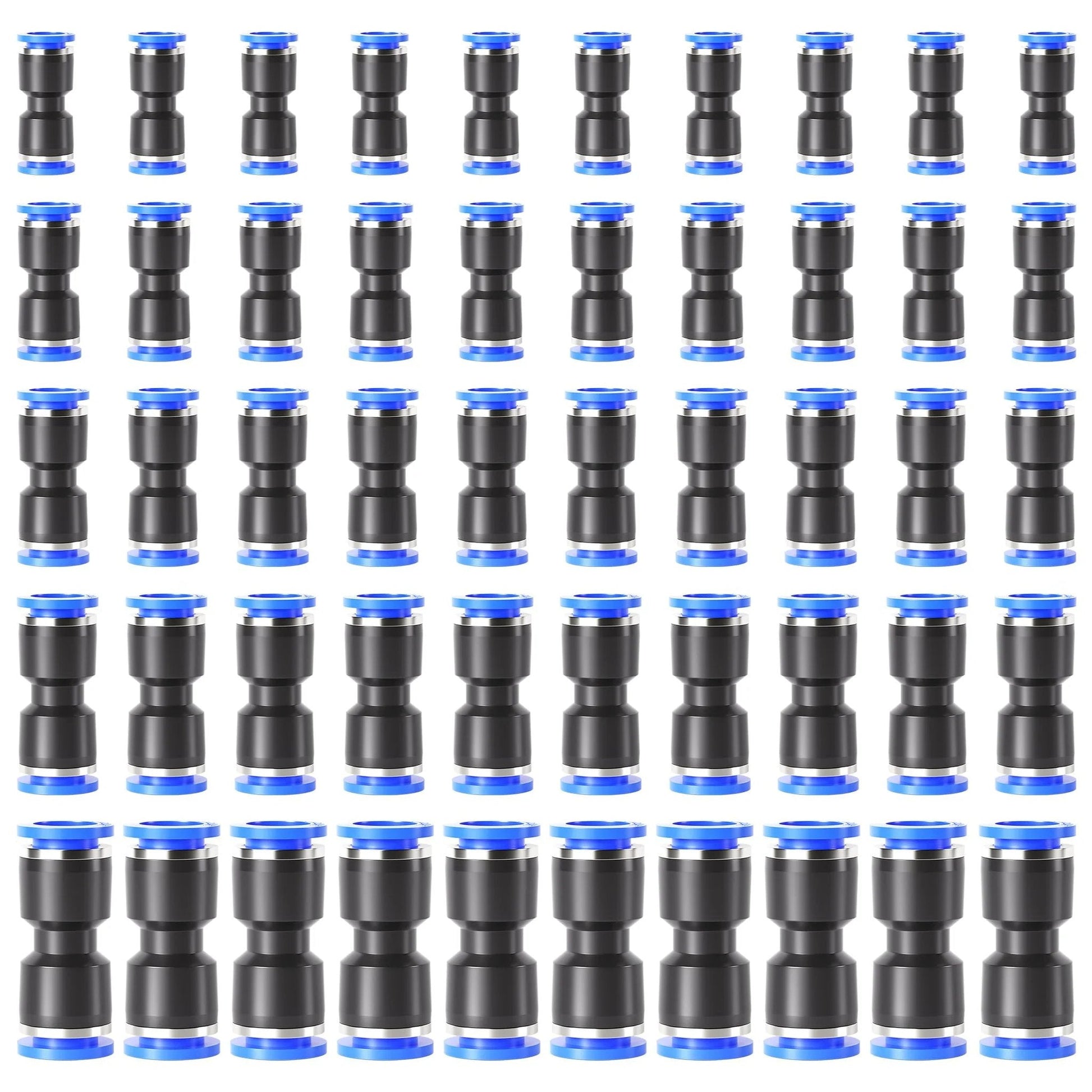 Pneumatic Straight Push Connectors Set Of 50 Pcs For Air Lines Go To 2 Way Quick Release Fittings, various sizes, black and blue