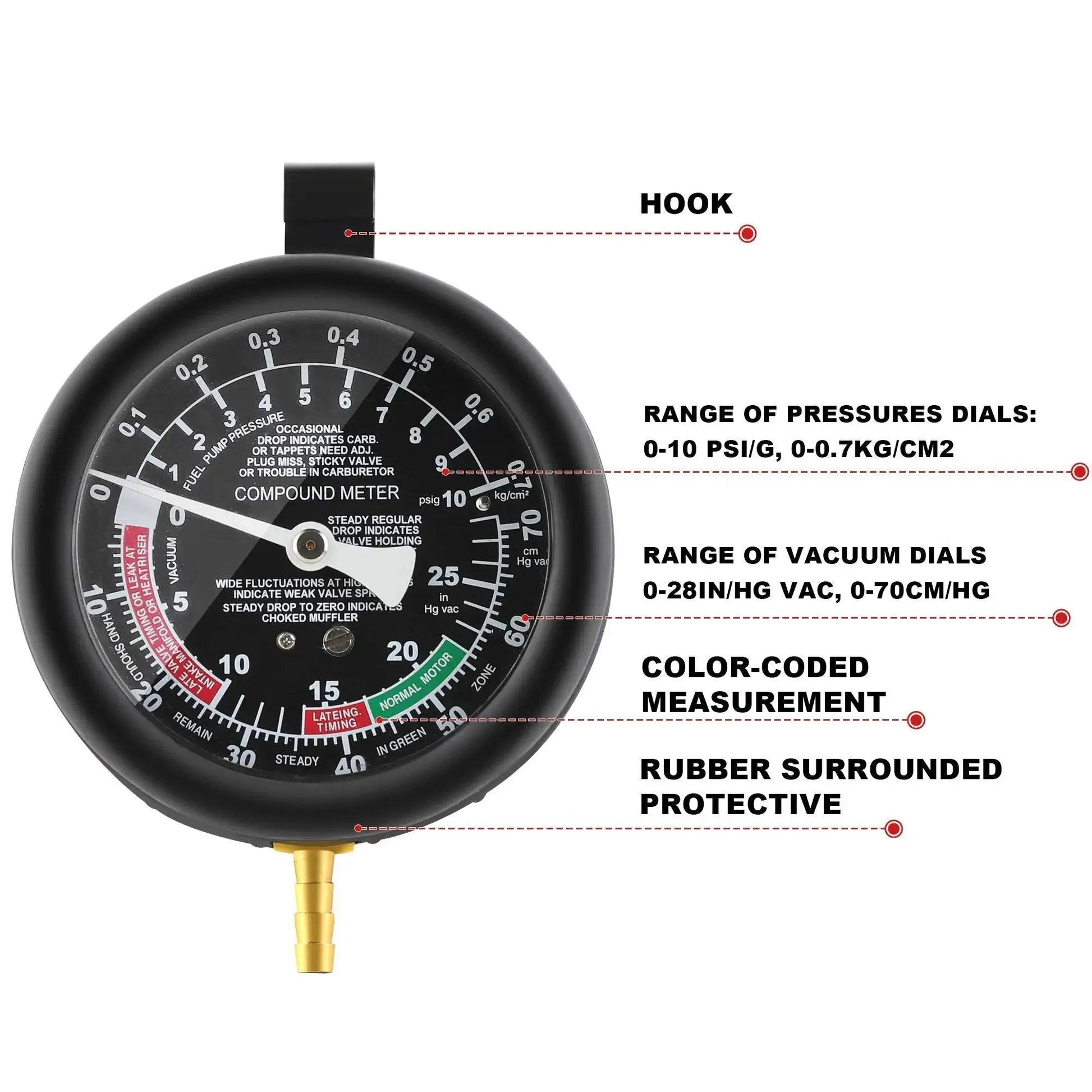 Front view of Fuel Pump And Vacuum Carburetor Pressure Tester Gauge Kit For Engine Diagnostics showing dial and measurement ranges.