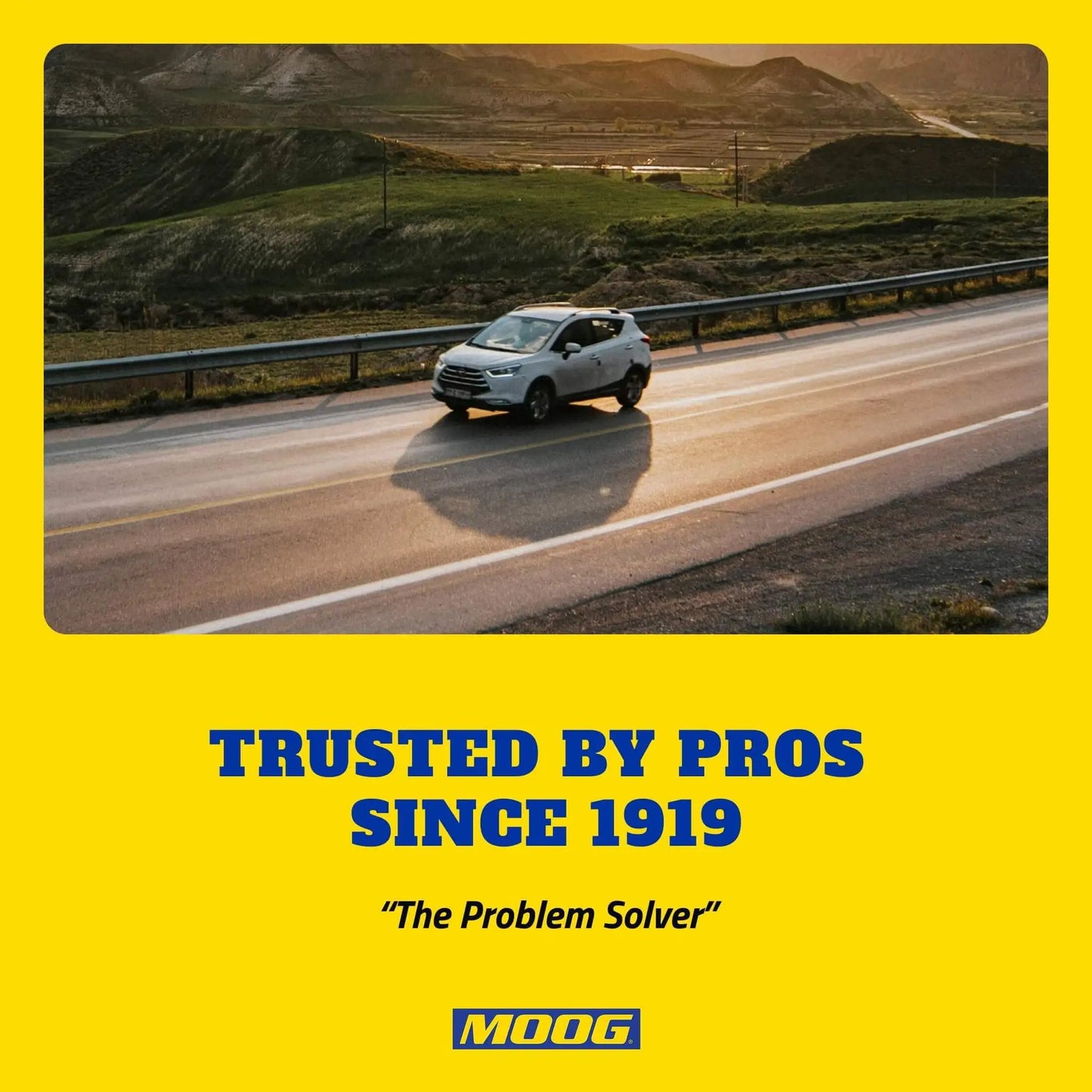Car on highway at sunset with text 'Trusted by Pros Since 1919, The Problem Solver, MOOG'