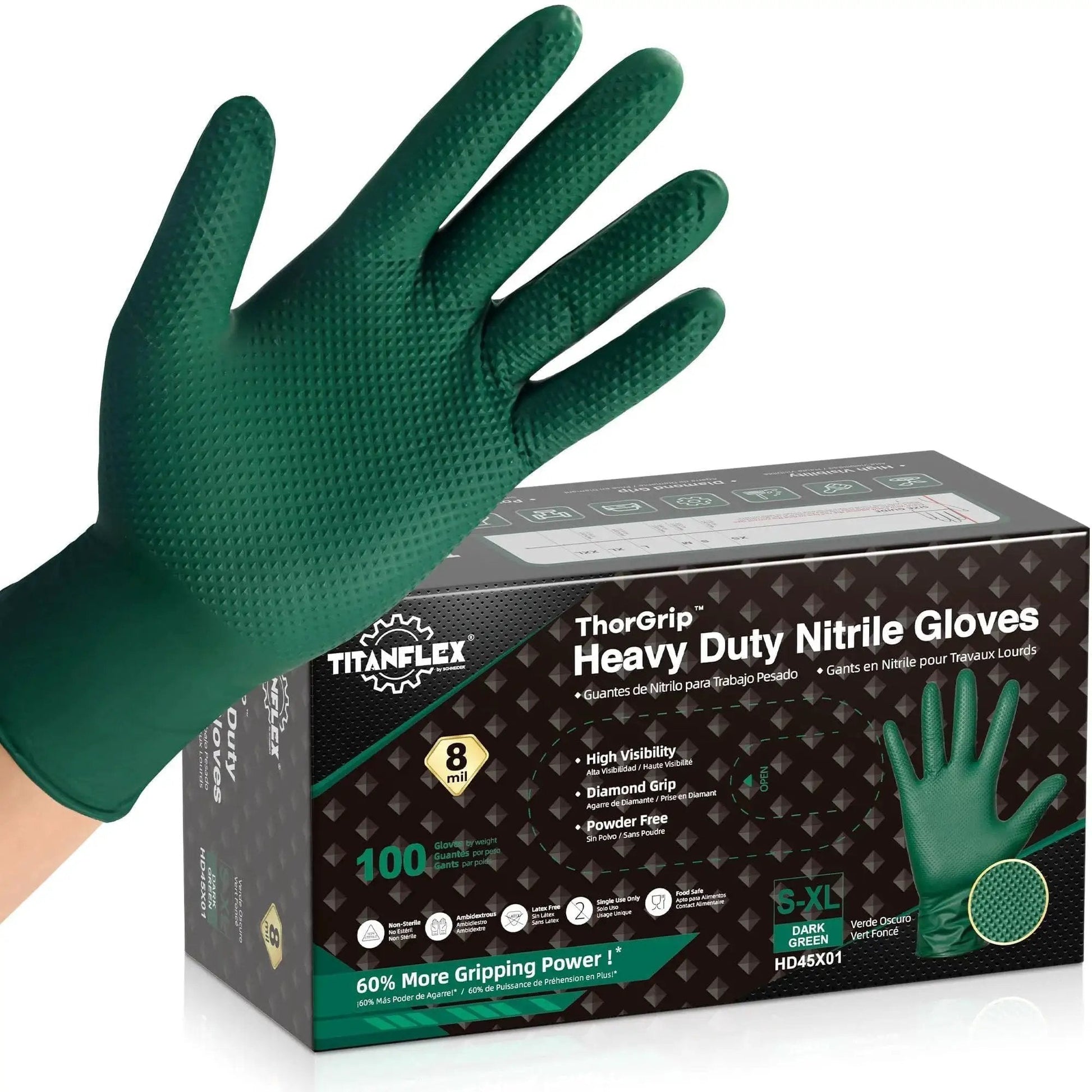 Heavy Duty 8 Mil Nitrile Gloves With Raised Diamond Grip Dark Green Latex Free on packaging