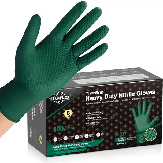 Heavy Duty 8 Mil Nitrile Gloves With Raised Diamond Grip Dark Green Latex Free on packaging