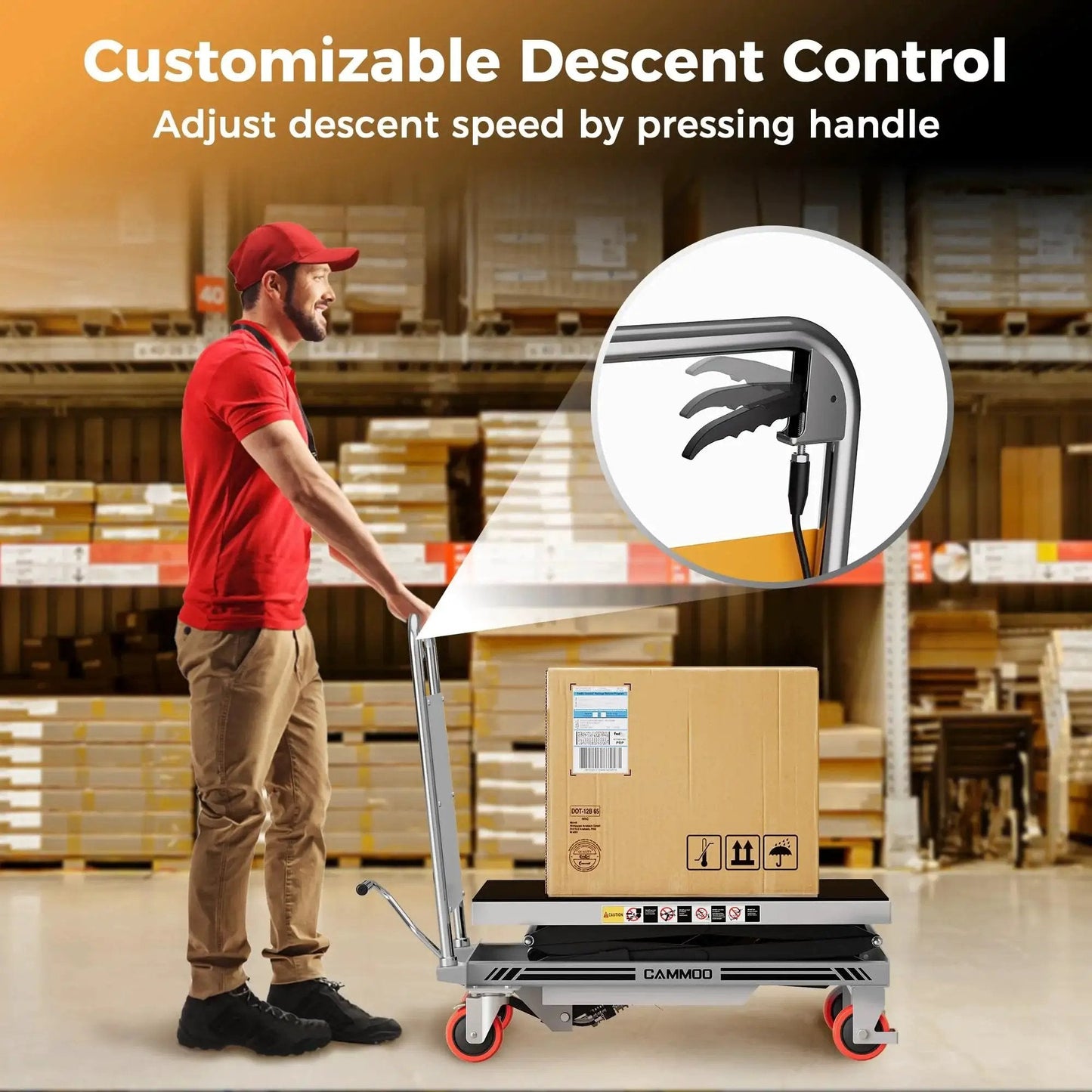 Man using Hydraulic Lift Table Cart 330 Lbs Capacity 49.6 Inch Lift With Non Slip Pad in warehouse