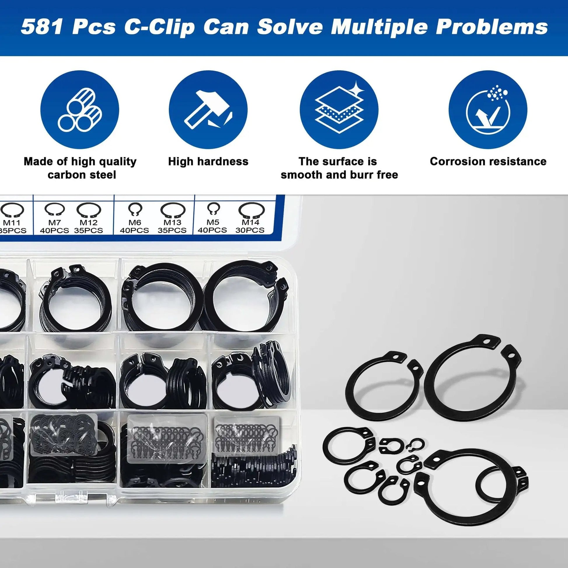 Pro Grade External Retaining Rings Kit With 580 Pcs Circlip Snap Ring Set For Bearings M4 To M28 In Black Alloy Steel Includes 1 Pc Tweezers And Easy Storage Case From Daptemn displayed in a storage case.