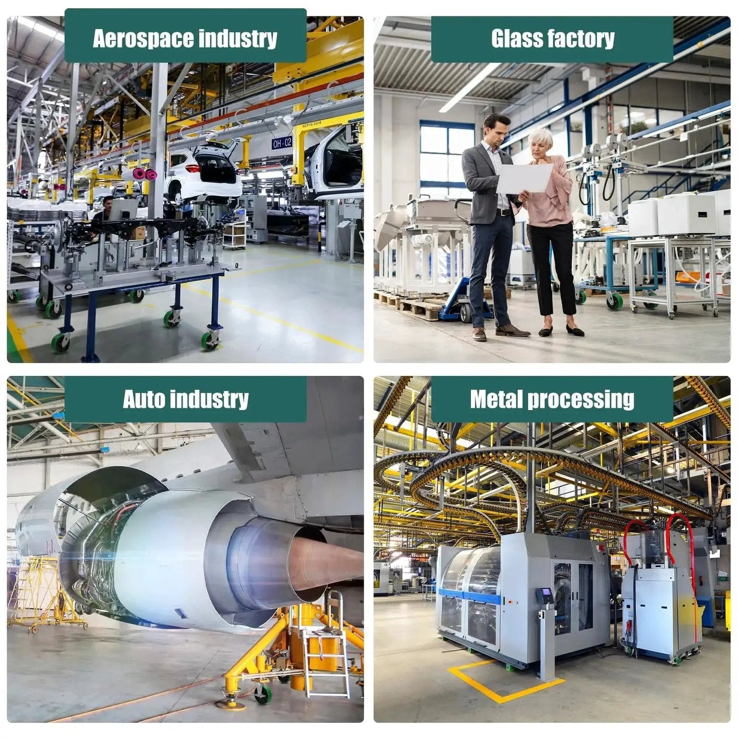 Collage of various industries using a 5 Inch By 2 Inch Industrial Heavy Duty Cast Iron Caster Set Of 4 With Polyurethane Tread Non Marking Green Wheels And 2 Brakes And 2 Swivel Casters 4000 Lb Capacity For Tool Boxes And Carts And Heavy Equipment In Industrial Workshops