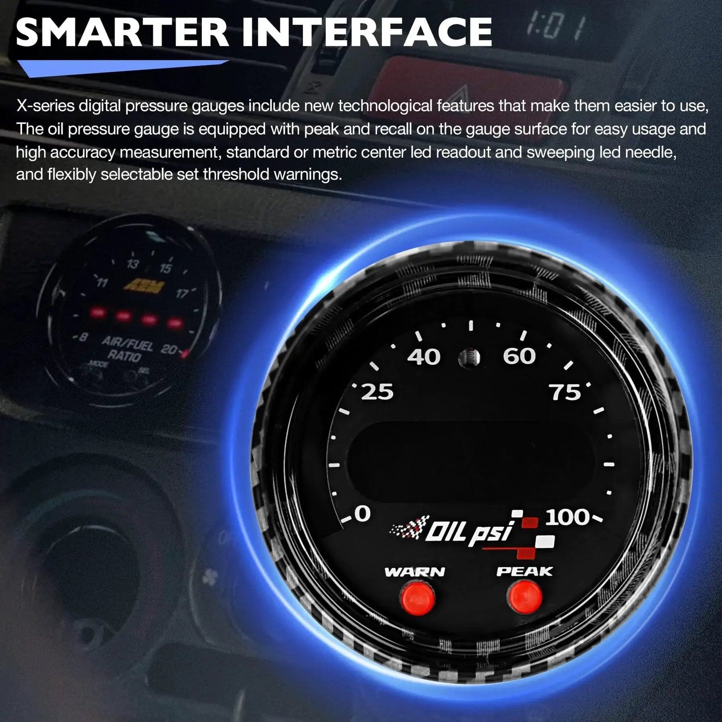 X Series 52mm 2-1/16 Inch Oil And Fuel Pressure Gauge Kit 0-100 Psi with digital display, black bezel, and dashboard interface