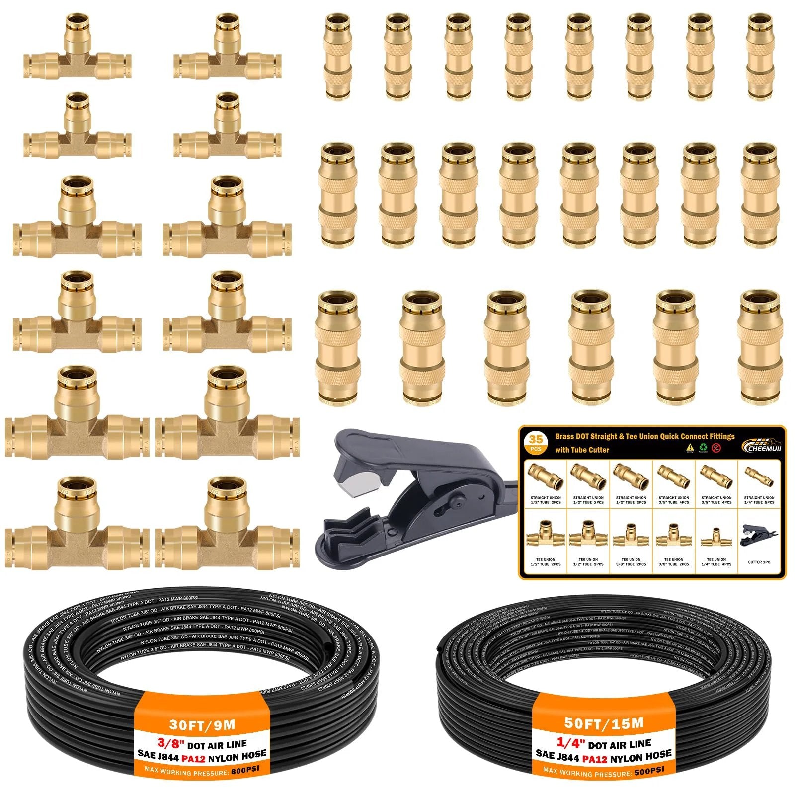 Brass DOT Air Line Fittings Kit With Fifty Foot One Quarter Inch And Thirty Foot Three Eighth Inch Air Hoses Twelve Brass Tee Fittings Twenty Two Brass Straight Unions One Tube Cutter Push Lock Quick Connect Pneumatic Tubing Set For Easy Install