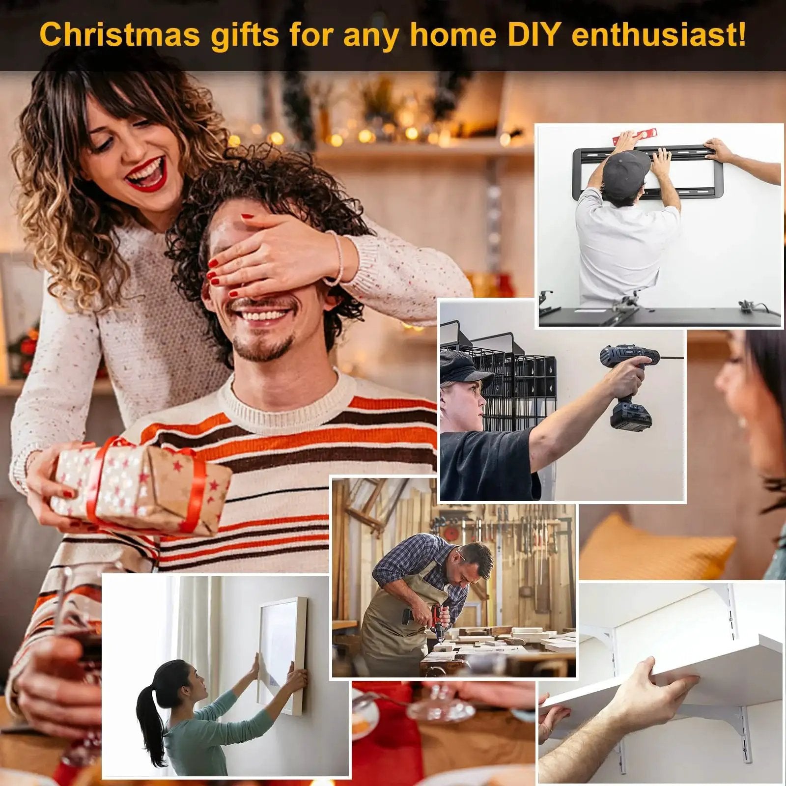 Collage of DIY projects with a couple exchanging gifts, including mounting a TV, fixing shelves, and home repairs.