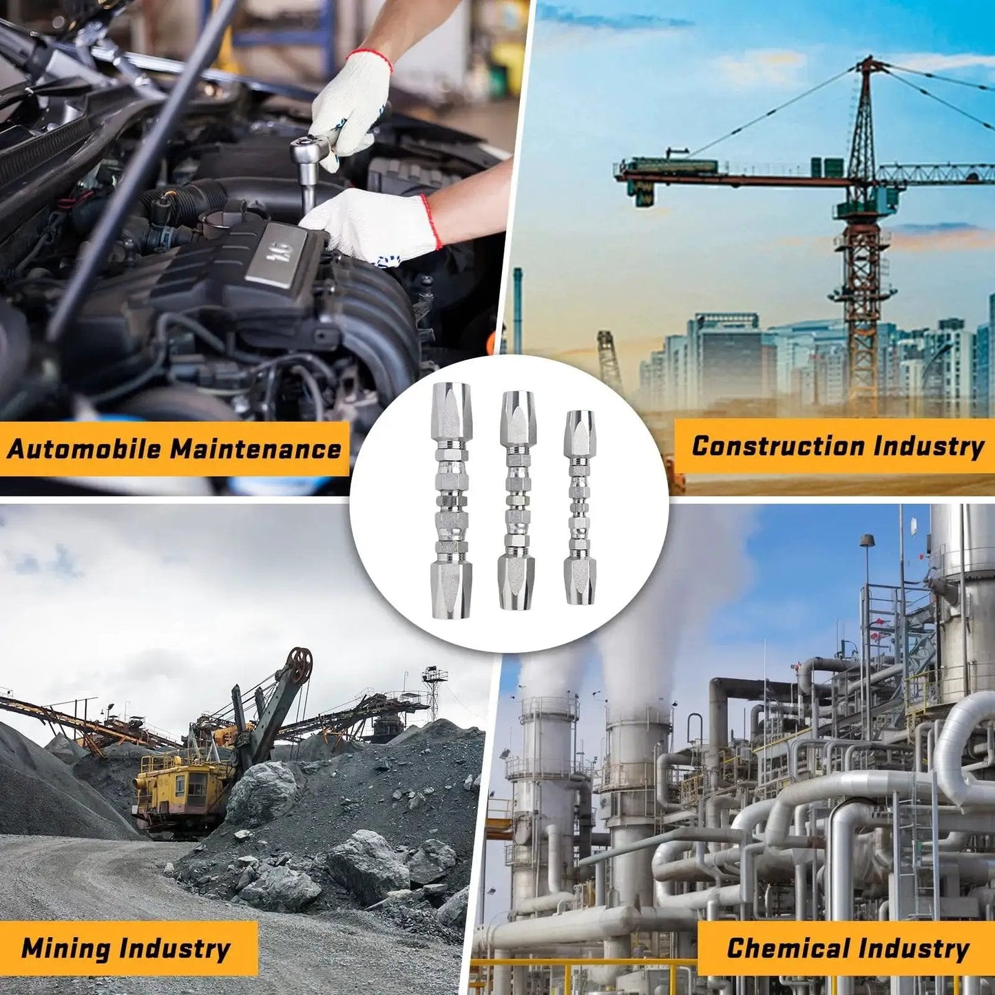 Professional Hydraulic Hose Field Repair Kit with 3 Reusable Fittings shown in various industry applications