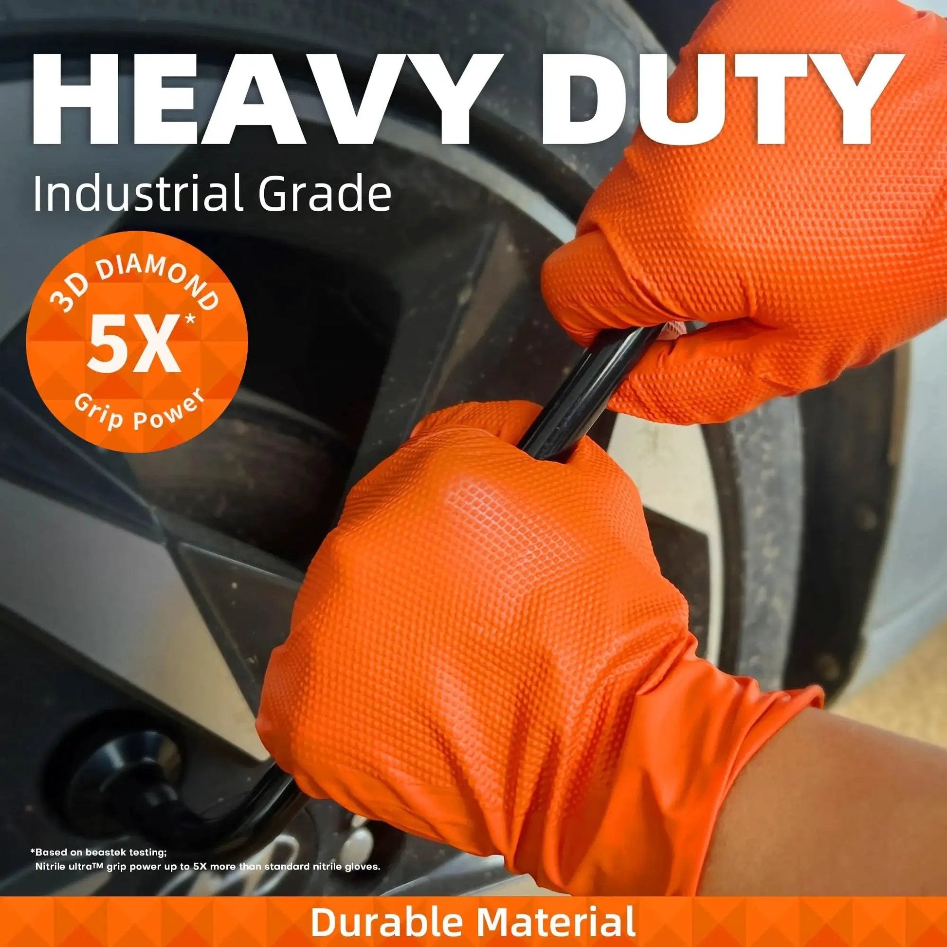 Close-up of hands wearing 8 Mil Nitrile Disposable Gloves Heavy Duty Diamond Textured Orange Large 50 Pcs gripping a tool