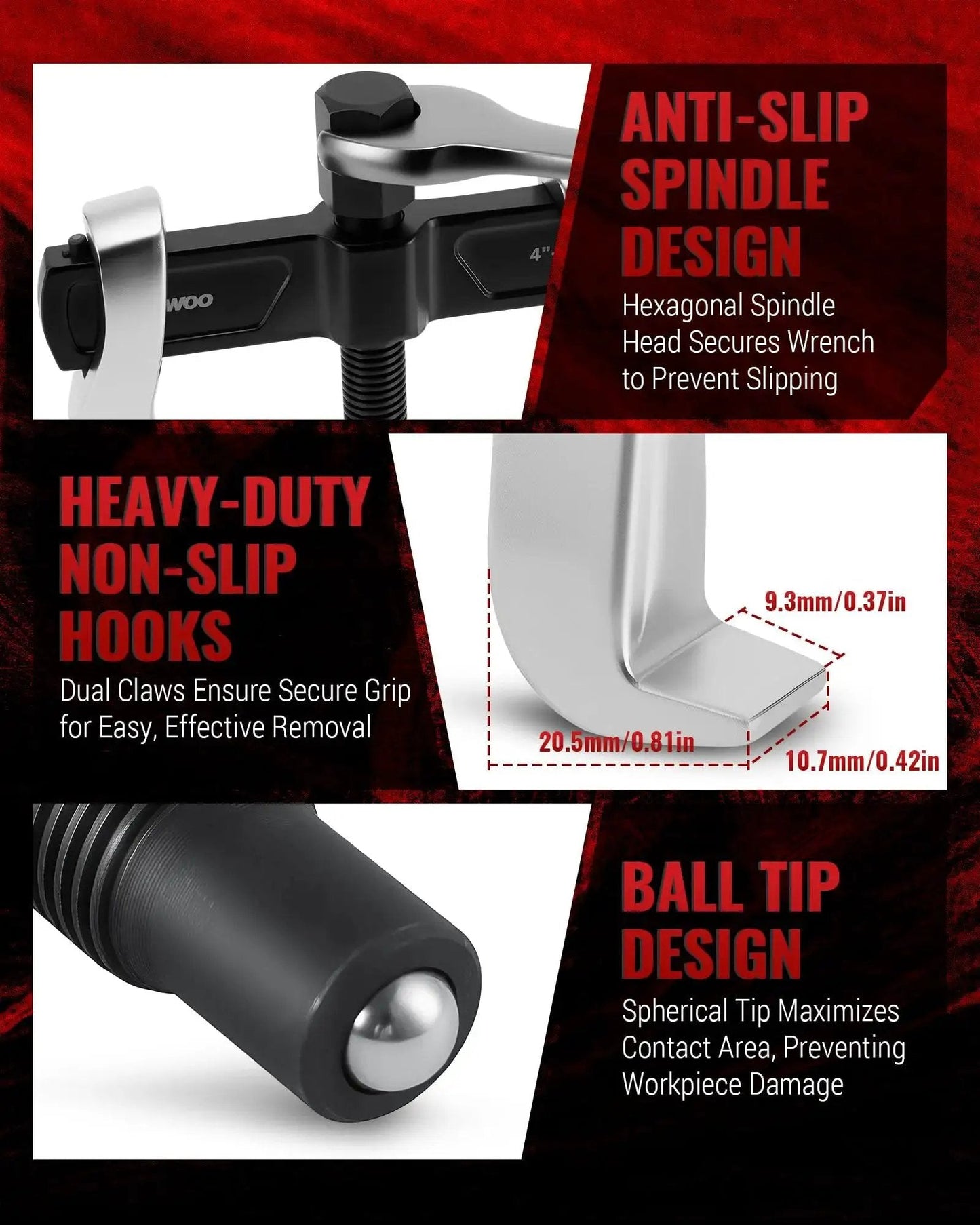 Anti-slip design and dimensions of Two Jaw Reversible Gear Puller Set For External And Internal Removal Up To 4.4 Inch External And 4.79 Inch Internal Reach Heavy Duty Bearing Flywheel Pulley And Gear Remover Tool Made From CR-V Steel Adjustable Ideal For Automotive Repairs