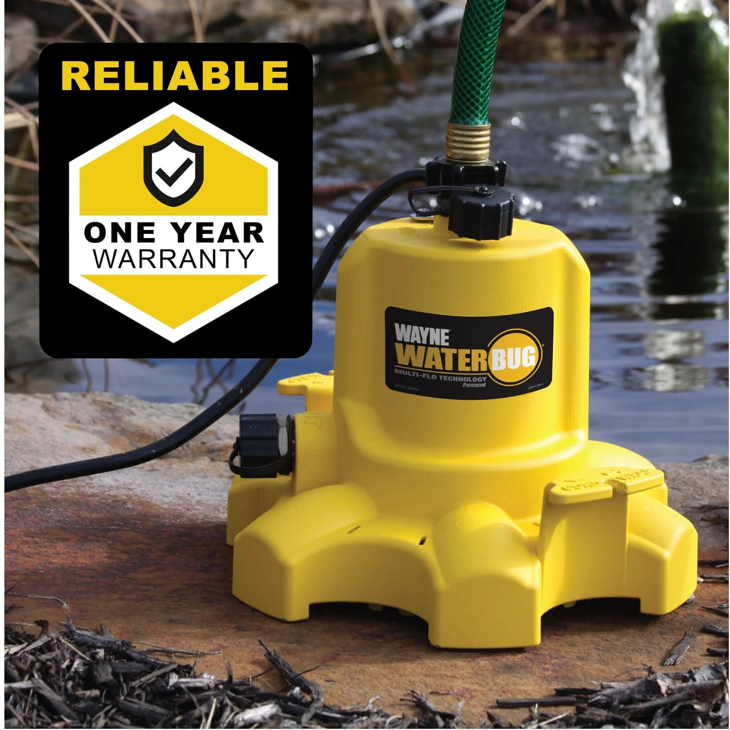 Yellow Wayne water pump beside pond, labeled 'Wayne WaterBug', warranty badge visible. Fast Water Removal Submersible Pump With Multi Flo Technology For Tight Spaces And Basements One Sixth HP 1350 GPH Ideal For Window Wells And Transfer Tasks Yellow Wayne.