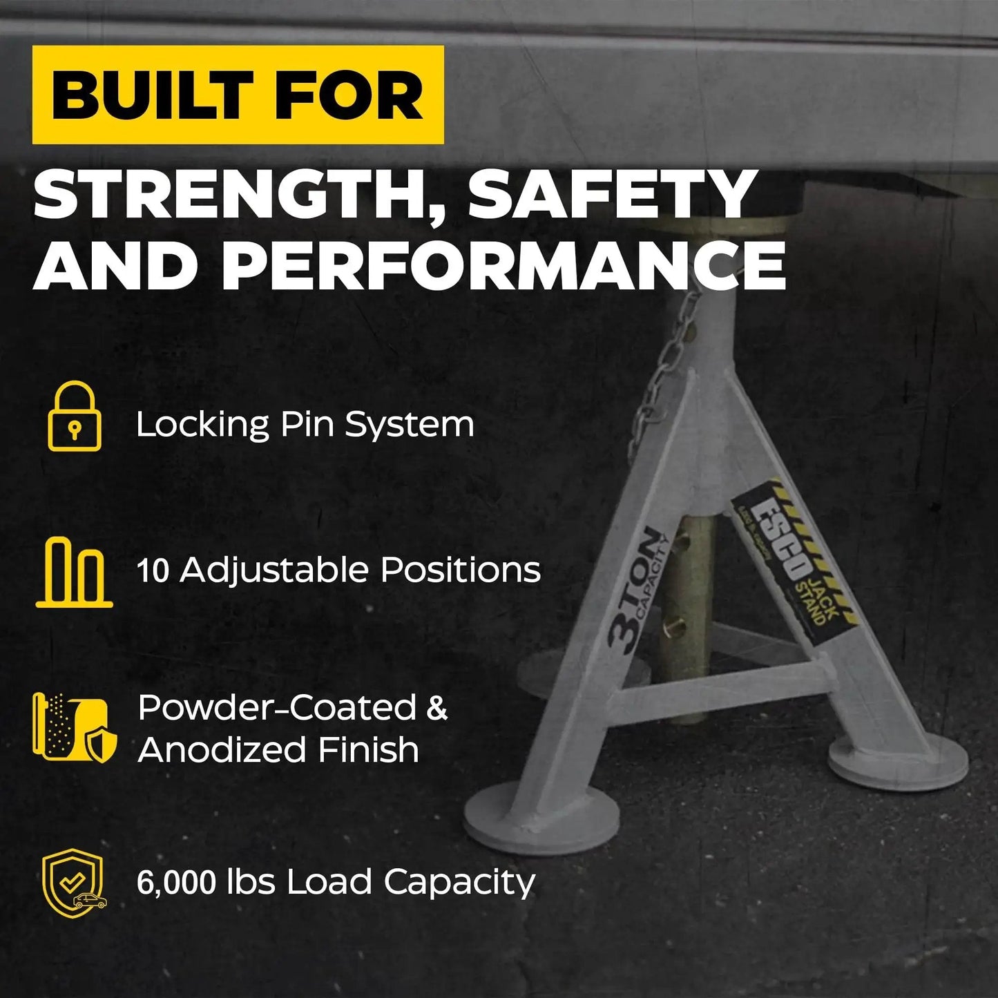3 Ton Jack Stands Pair With 10 Adjustable Heights And Rust Resistant Post showing one stand with features highlighted