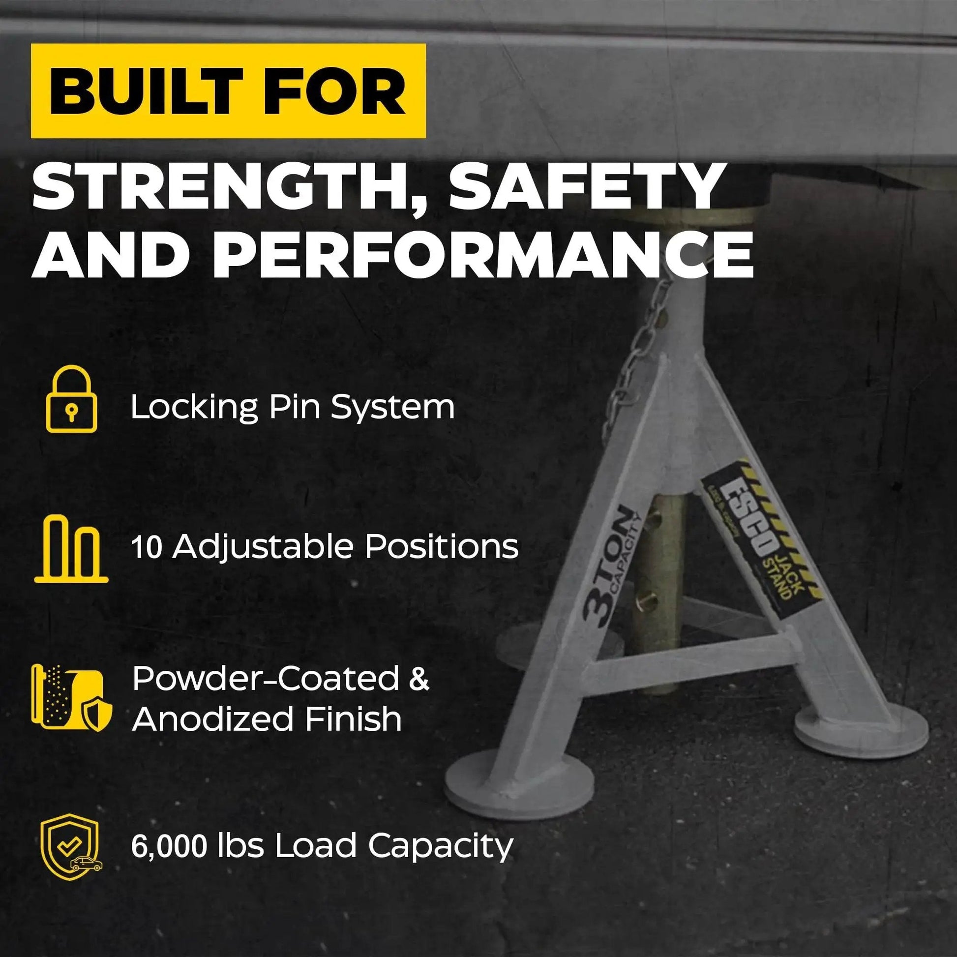 3 Ton Jack Stands Pair With 10 Adjustable Heights And Rust Resistant Post showing one stand with features highlighted