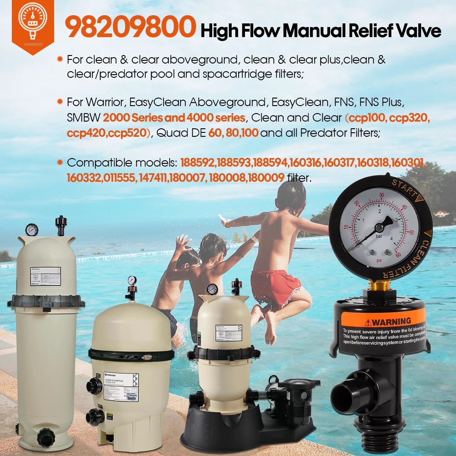 98209800 High Flow Manual Relief Valve With Air Relief And Pressure Gauge For Pool And Spa Filters Replacement next to pool