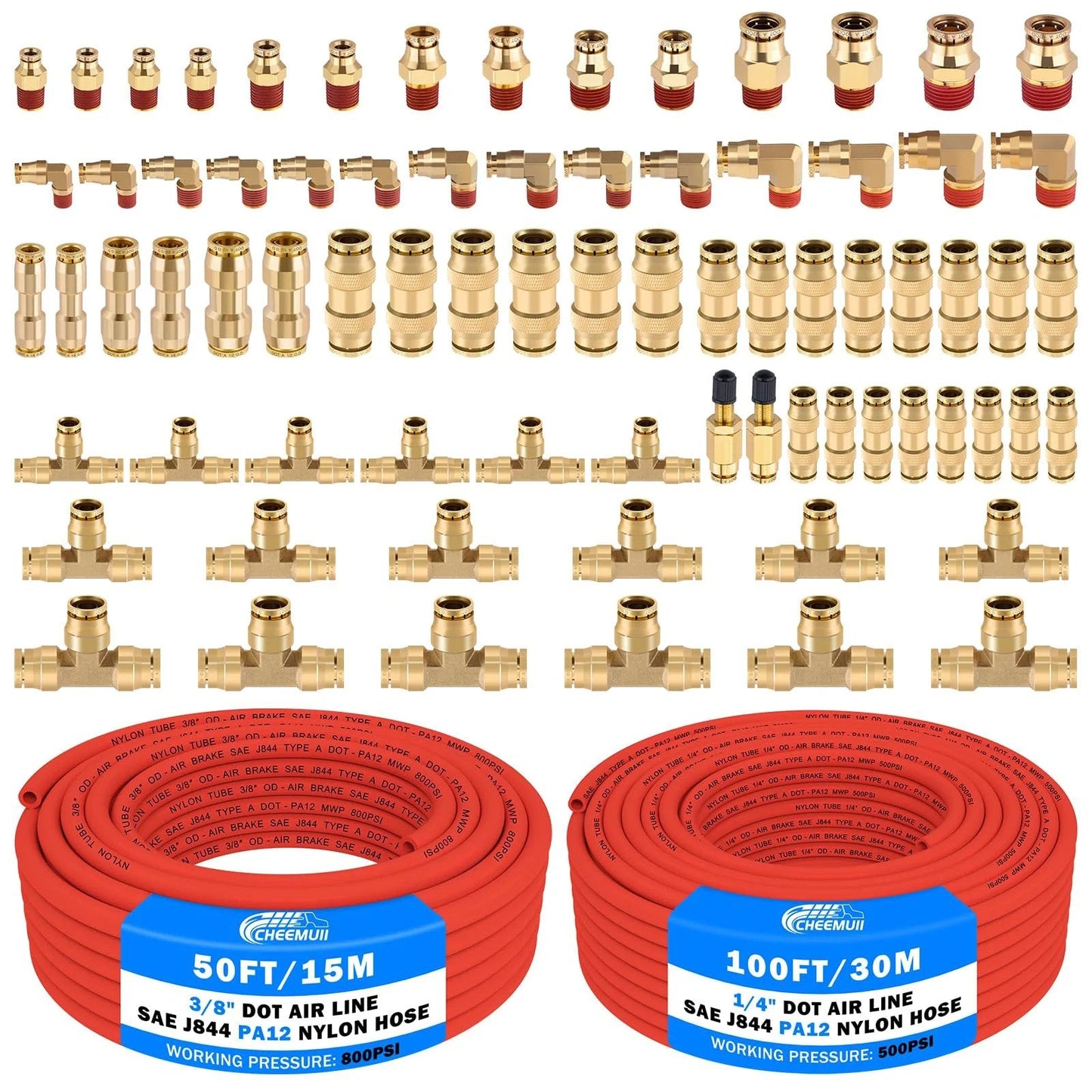 Brass DOT Air Line Fittings Kit With 100 Feet Of One Quarter Inch Red DOT Air Line Hose And 50 Feet Of Three Eighths Inch Red DOT Air Line Hose All In One Push Lock Quick Connect Set With Pneumatic Tubing And Schrader Valves And Tube Cutters displayed