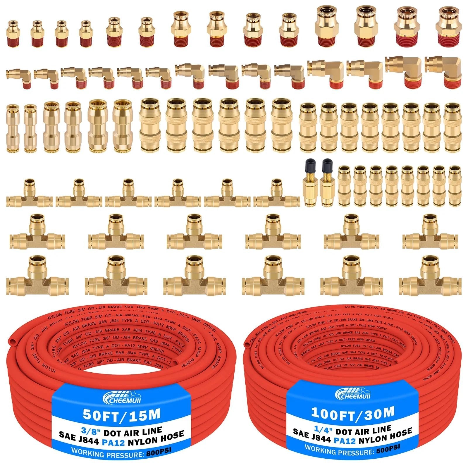 Brass DOT Air Line Fittings Kit With 100 Feet Of One Quarter Inch Red DOT Air Line Hose And 50 Feet Of Three Eighths Inch Red DOT Air Line Hose All In One Push Lock Quick Connect Set With Pneumatic Tubing And Schrader Valves And Tube Cutters displayed