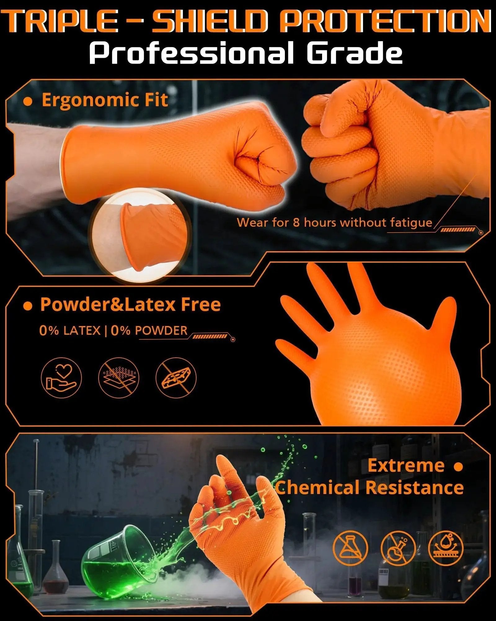 9 Mil Heavy Duty Orange Nitrile Gloves With Raised Diamond Grip Latex Free showing ergonomic fit and chemical resistance
