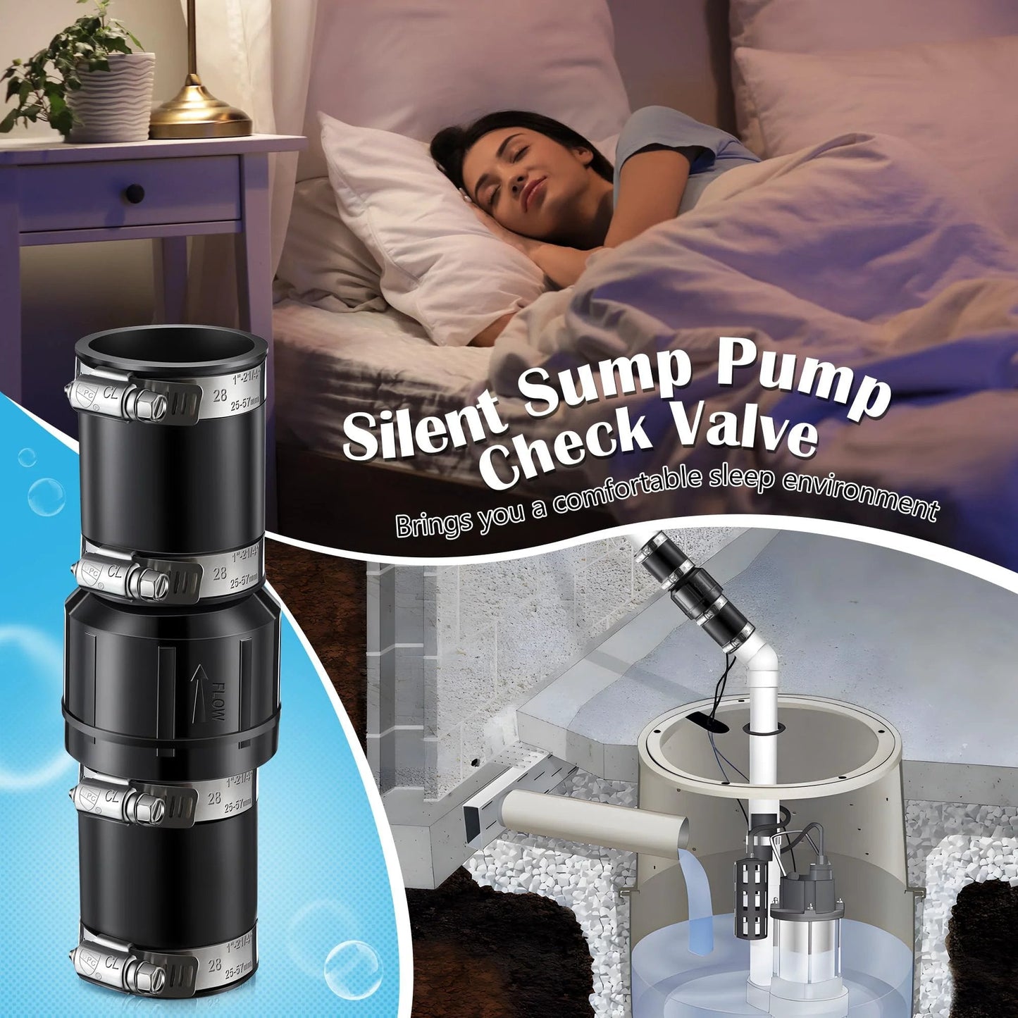 Sump Pump Check Valve For One And A Half Inch And One And A Quarter Inch Pipe Sizes Includes Four Stainless Steel Hose Clamps ABS Plastic Body