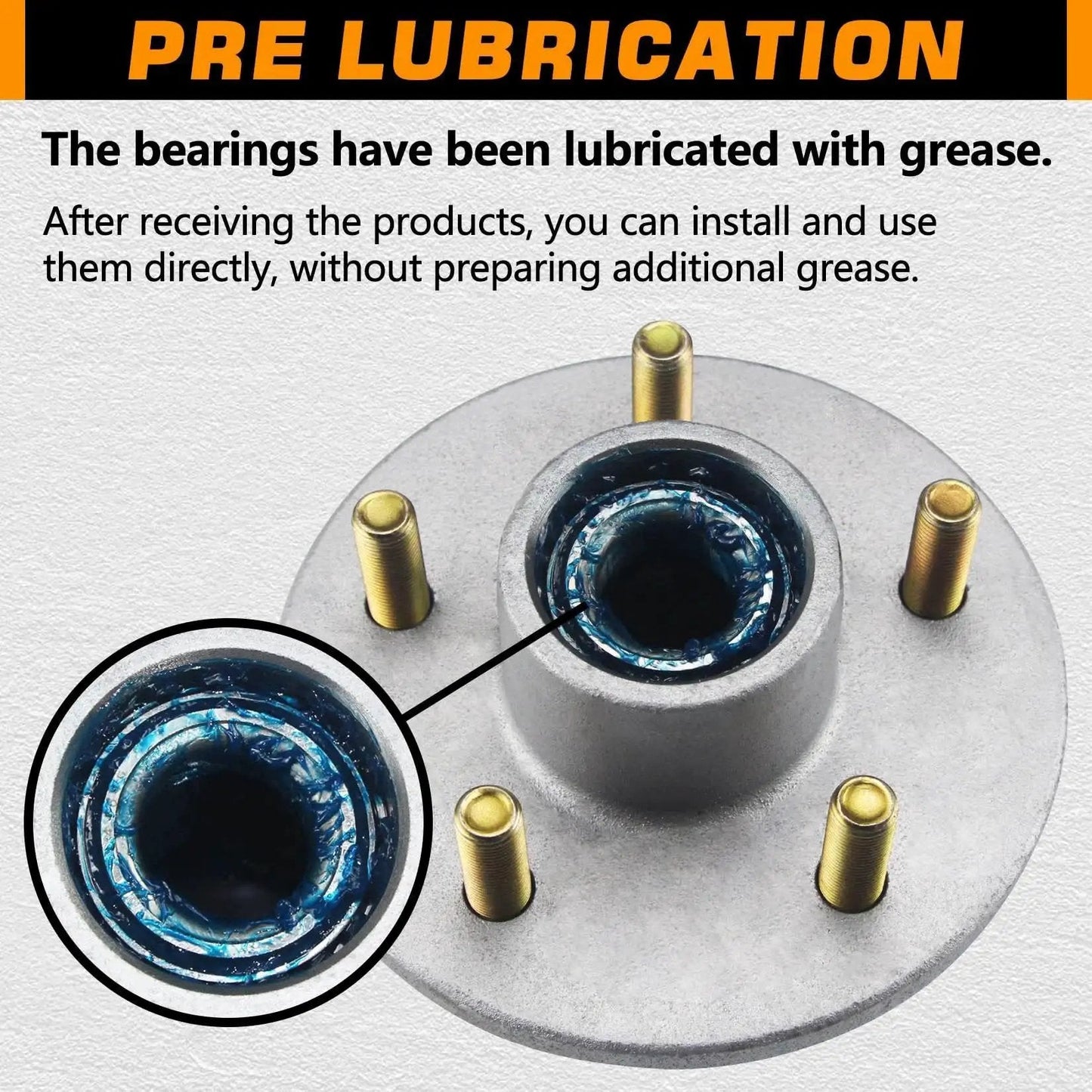 Pre-lubricated 5-lug 5 On 4.5 Inch Galvanized Trailer Hub Kit For 3500 Lb Axles showing inner bearing with grease