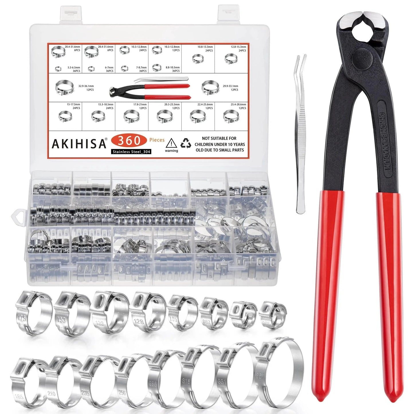 360 Pcs 16 Sizes Single Ear Hose Clamps 5.3 To 36.1 Mm Stainless Steel 304 Corrosion Resistant Crimp Clamps Kit