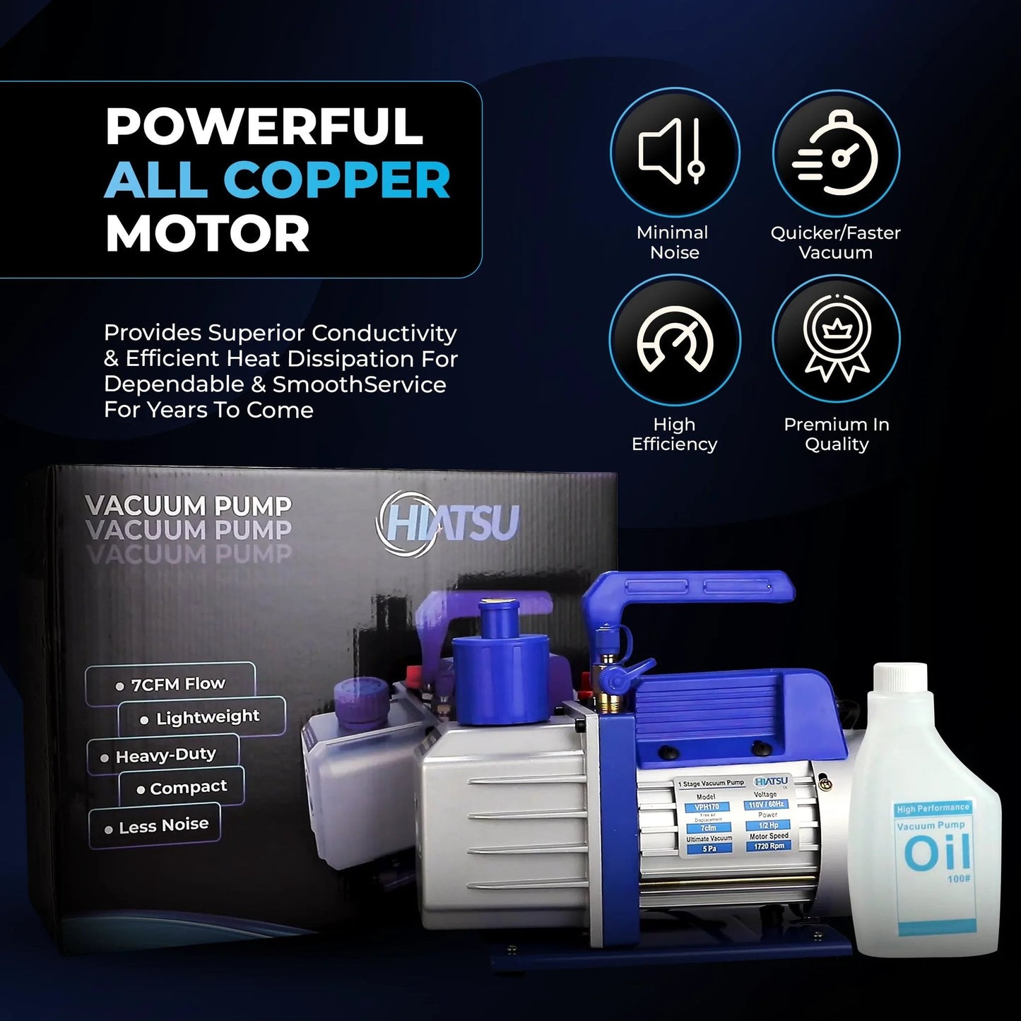 7 CFM Vacuum Pump For AC System HVAC One Half HP Automotive Vacuum Pump 110 Volt 60 Hertz Dual Inlet Ports One Quarter Inch And One Half Inch For Home And Automotive AC Mini Split Service with oil bottle