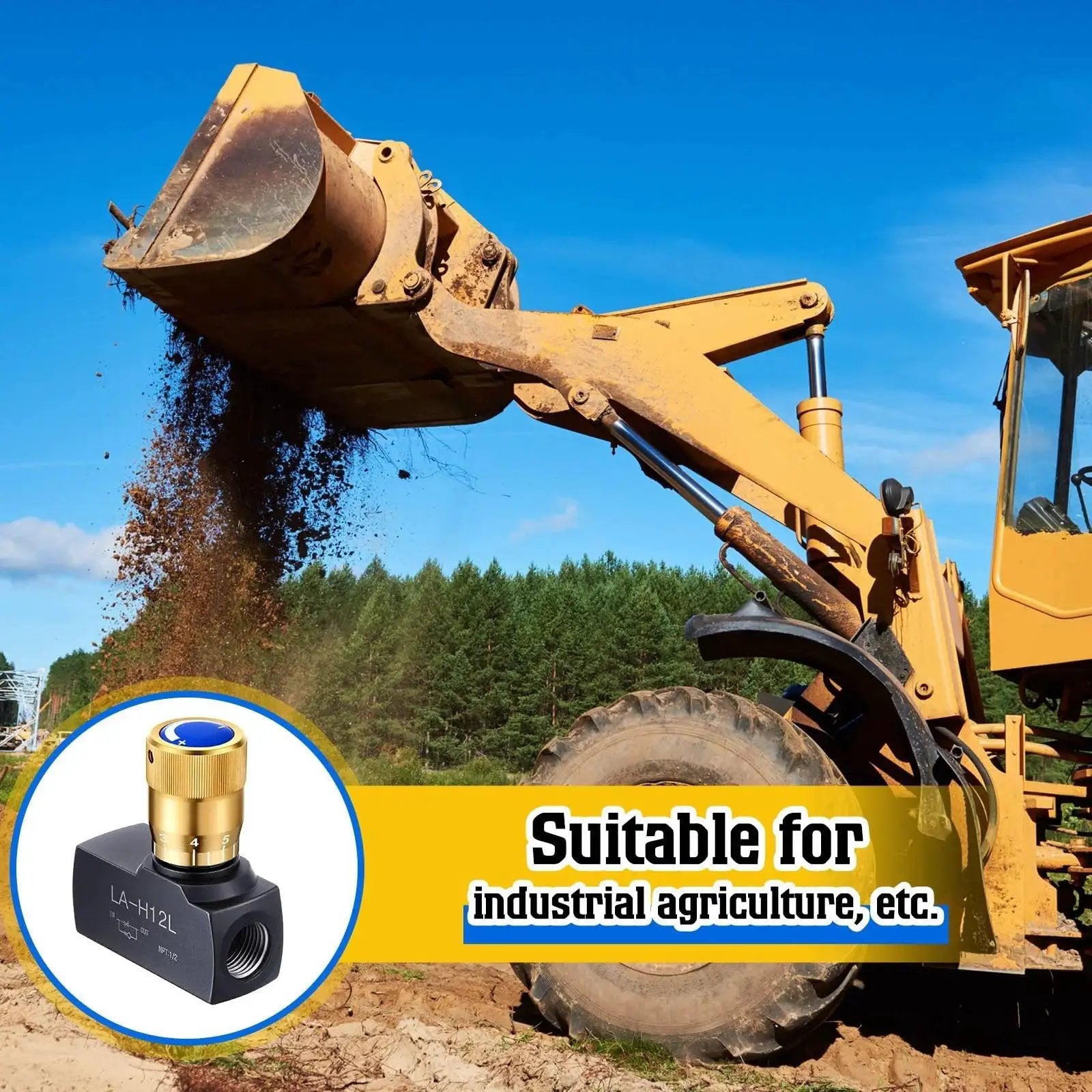Hydraulic Flow Control Needle Valve For One Half Inch NPT Ports Dual Function Regulator With Excavator In Industrial Setting
