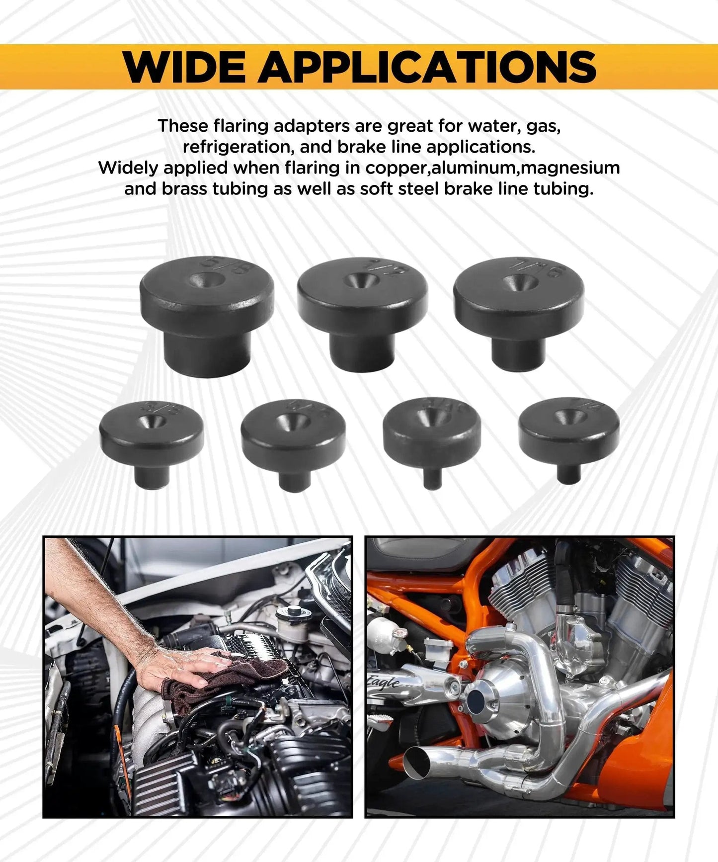 7 Piece Double Flare Adapters Set For Three Sixteenths To Five Eighths Tubing in steel with automotive applications