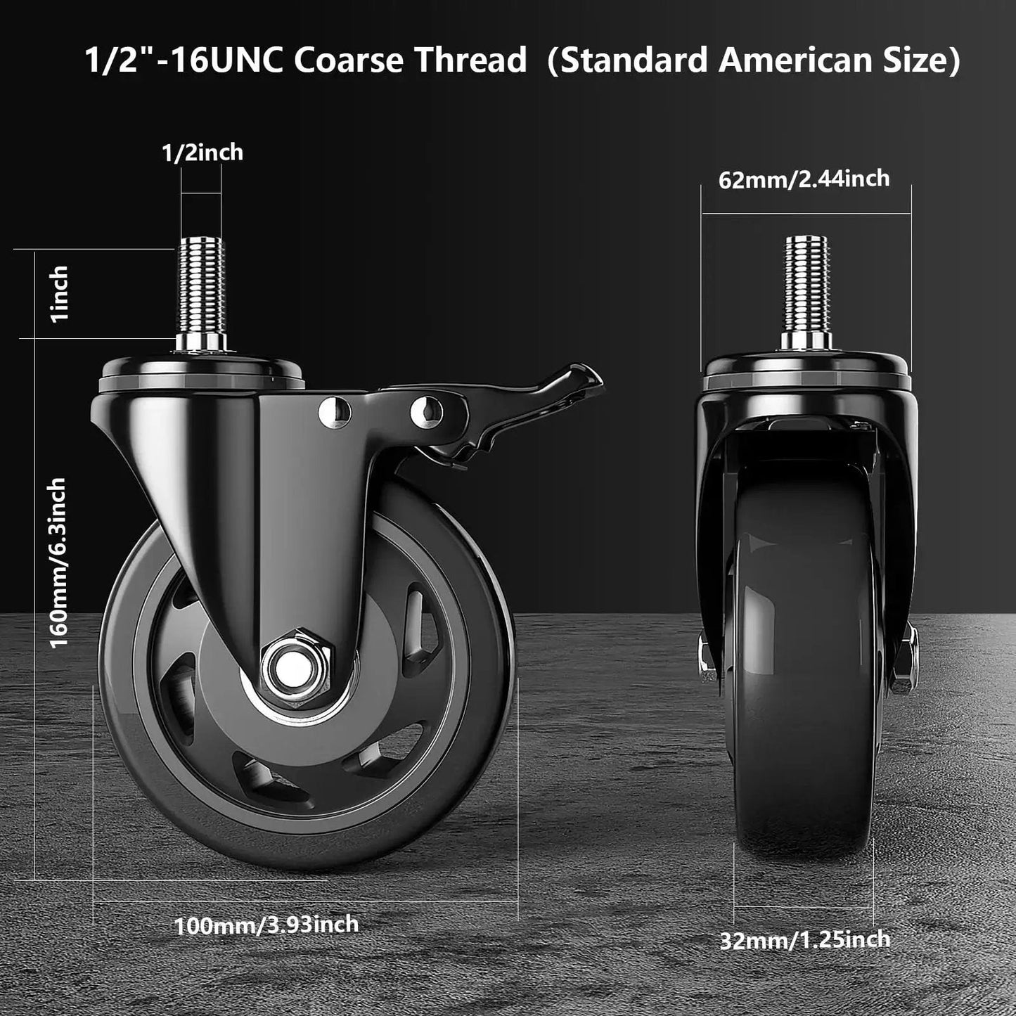 Four Inch Stem Caster Wheels Set Of Four Heavy Duty With Half Inch 13 UNC X 1 Threaded Stem Dual Lock Brakes Industrial Castors For Cart And Furniture 2000 Lbs Capacity Per Caster Ideal For Mobile Carts And Industrial Equipment Use shown with dimensions