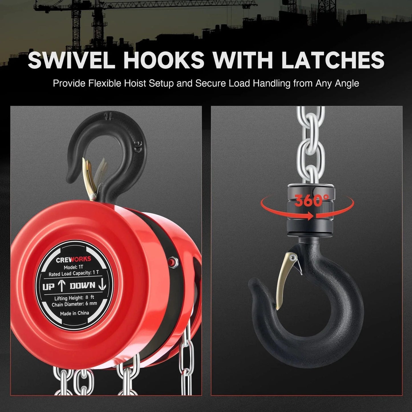 Heavy Duty Manual Lever Hoist With One Ton Capacity And Eight Foot Lift, Galvanized Hand Chain And G80 Load Chain swivel hooks close-up