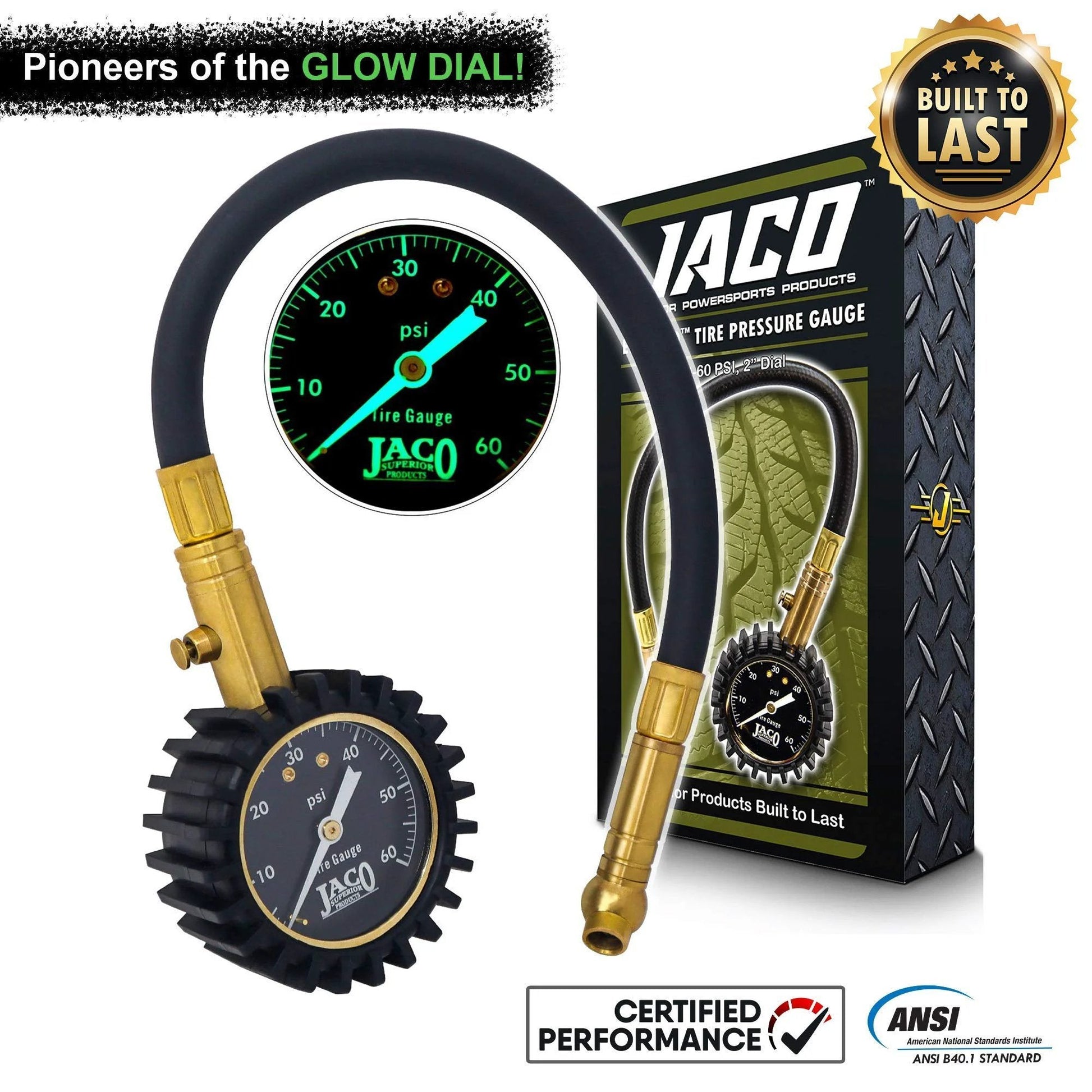 Rugged Brass Tire Pressure Gauge ElitePro 60 PSI No Batteries Needed Mechanic Approved Readings ANSI Certified on packaging.