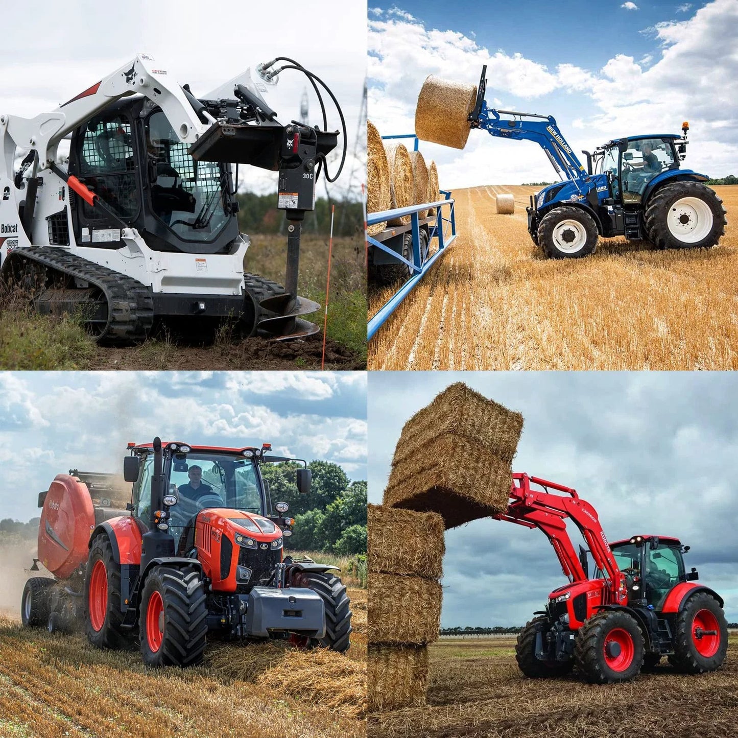 Universal Flat Face Hydraulic Quick Connect Couplers For Skid Steers Pro Grade Heavy Duty With Three Quarter Inch SAE Threads And One Half Body Dust Caps Interchangeable With Bobcat Case New Holland Kubota And Most Models in use with various farm machinery.