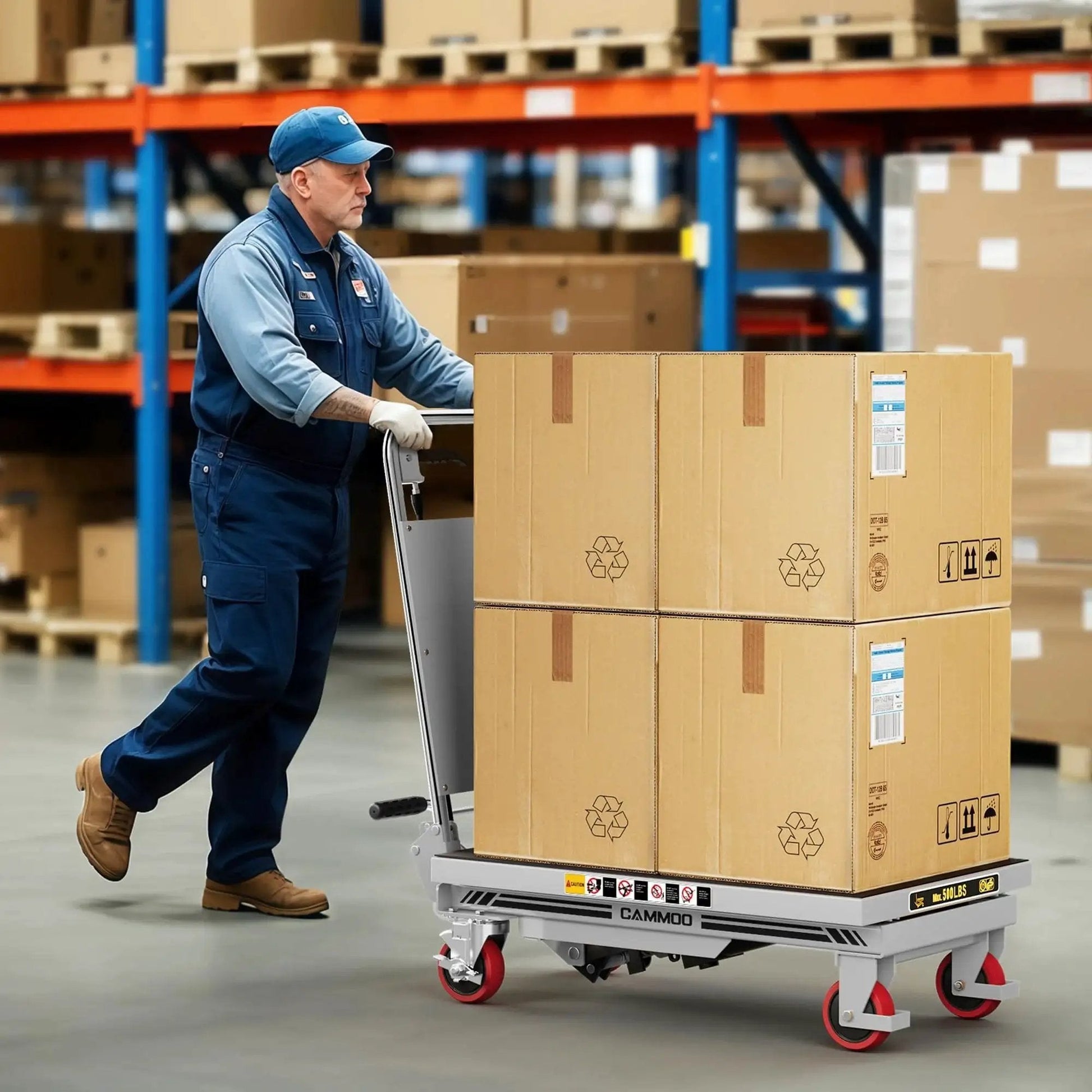 Warehouse worker using Hydraulic Lift Table Cart 500 Lb 28.5 Inch Lift Foldable Handle Safety Guard with boxes.