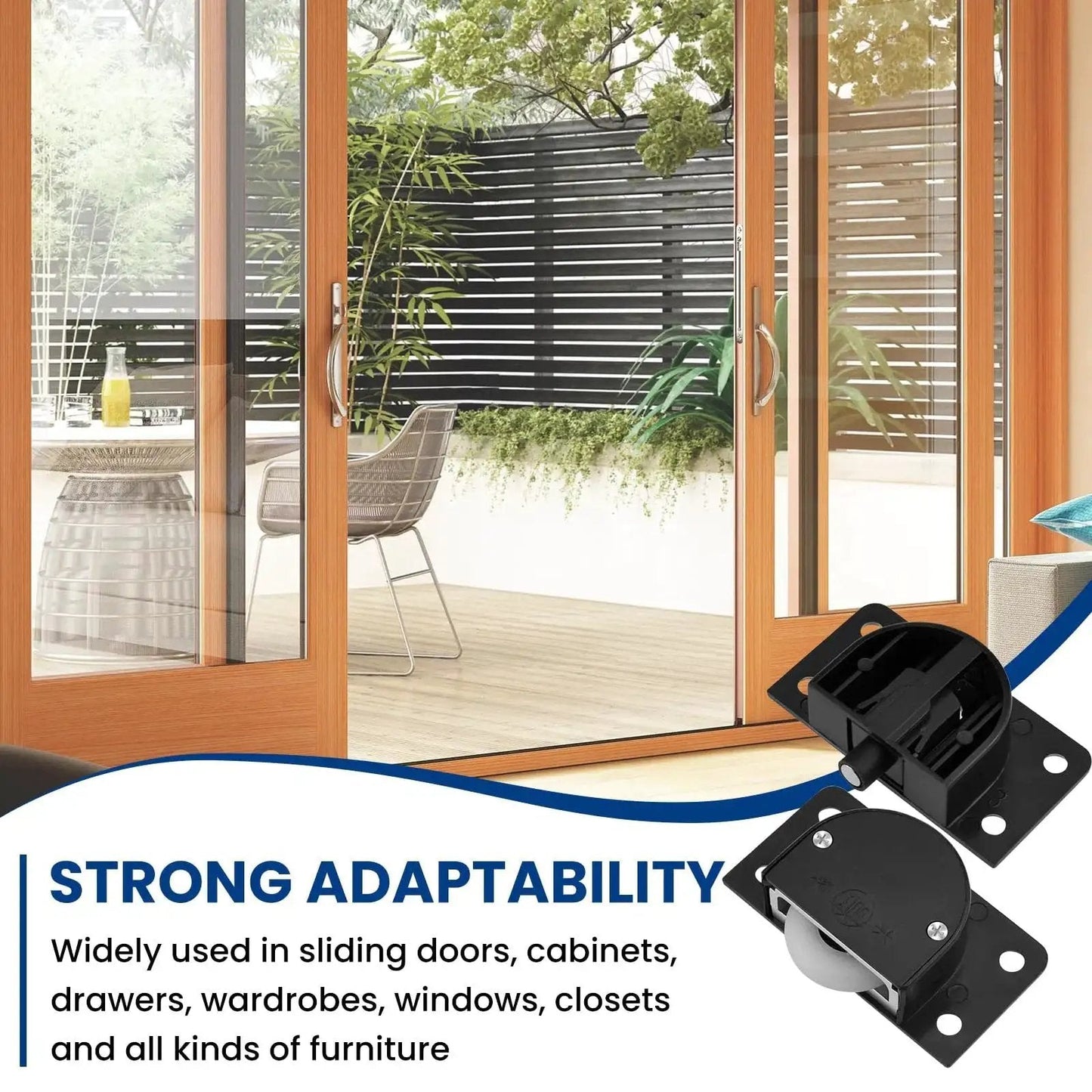 Cabinet Door Sliding Silent Plastic Roller Pulleys Set For Closet And Wardrobe Doors Smooth Track Wheel Hardware displayed near sliding glass doors