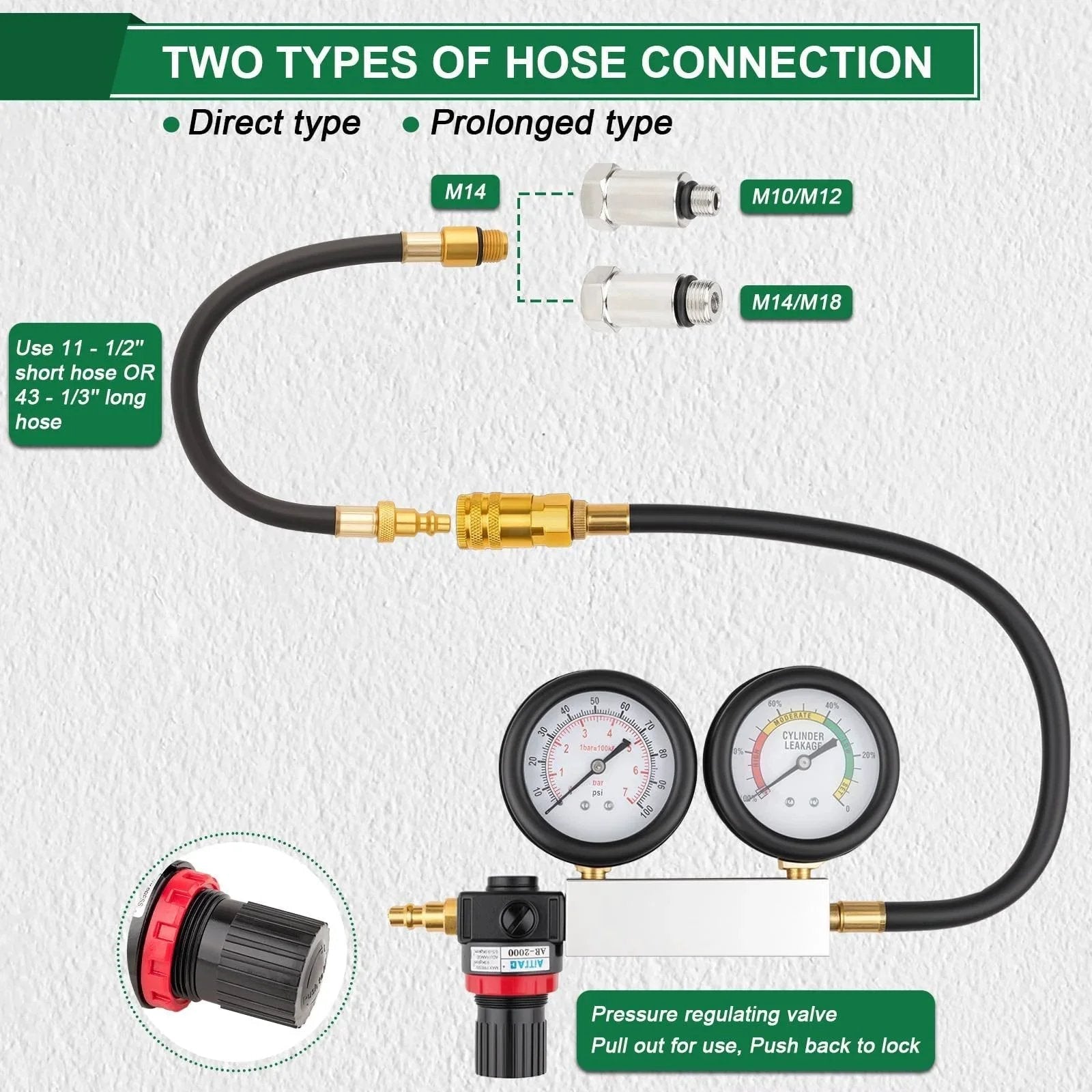 Image of All In One Cylinder Leak Down Tester Kit For Auto Engines With Extension Rod Dual Gauge Gives Clear Pressure And Leakage Rate Readouts From 0 To 100 Psi And 0 To 100 Percent For Cars And Motorcycles Marvelity, showing dual gauges, hoses, and adapter types.