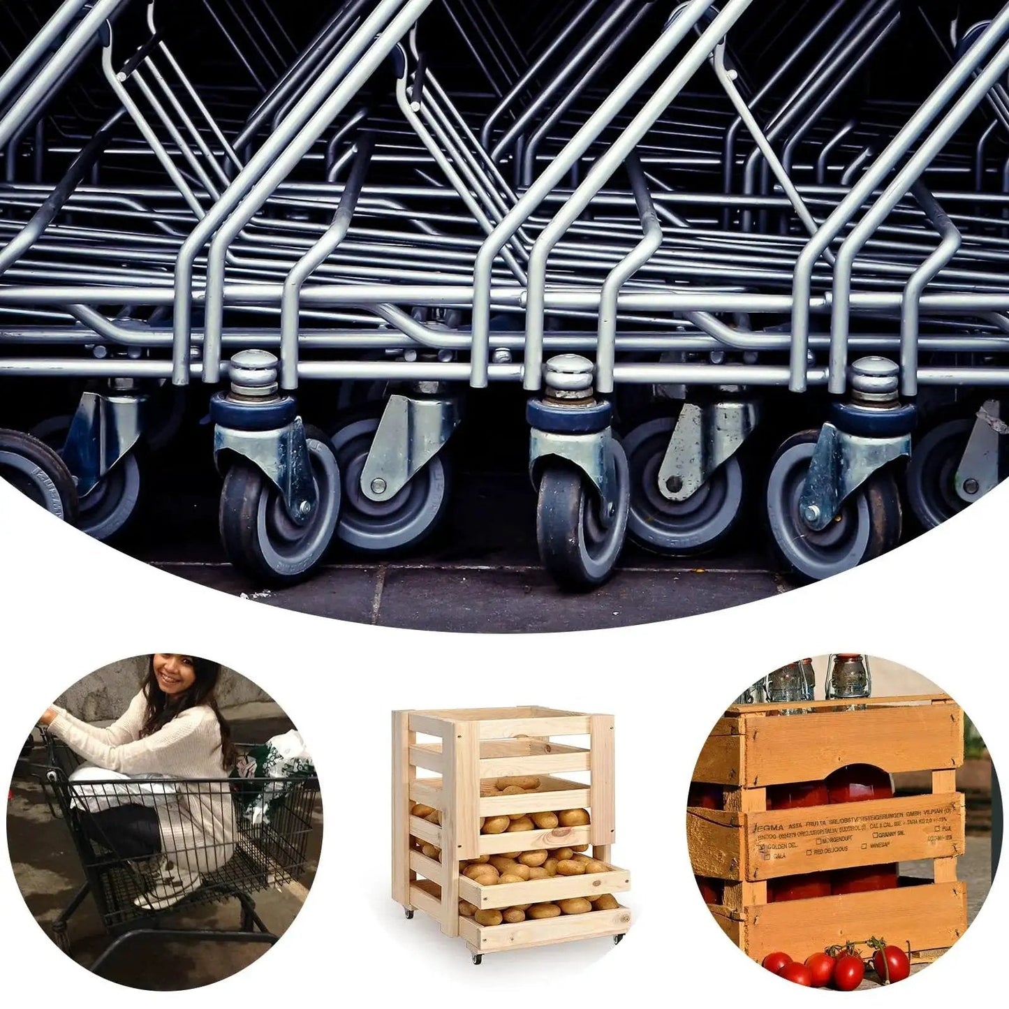 Set Of Four 1-1/2 Inch Low Profile Swivel Casters With Locking Brakes Quiet TPR Rubber Wheels for furniture, shown on various carts and boxes.